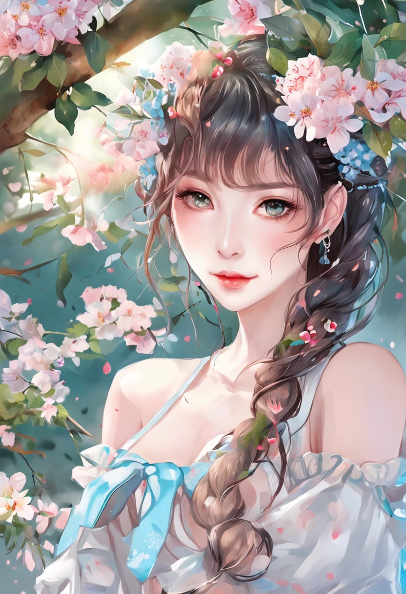 (best qualtiy,tmasterpiece), Beautiful age girl, Beautiful goddess, Sexy goddess, ((The shirt, One shoulder, short skirt, Floral)), Beautiful hair accessories, peach blossom, Detailed scenes, the night, starrysky, cold light, (in pink, white colors, cyan colors), ((from side)), ((knee shot)), ((realistic))