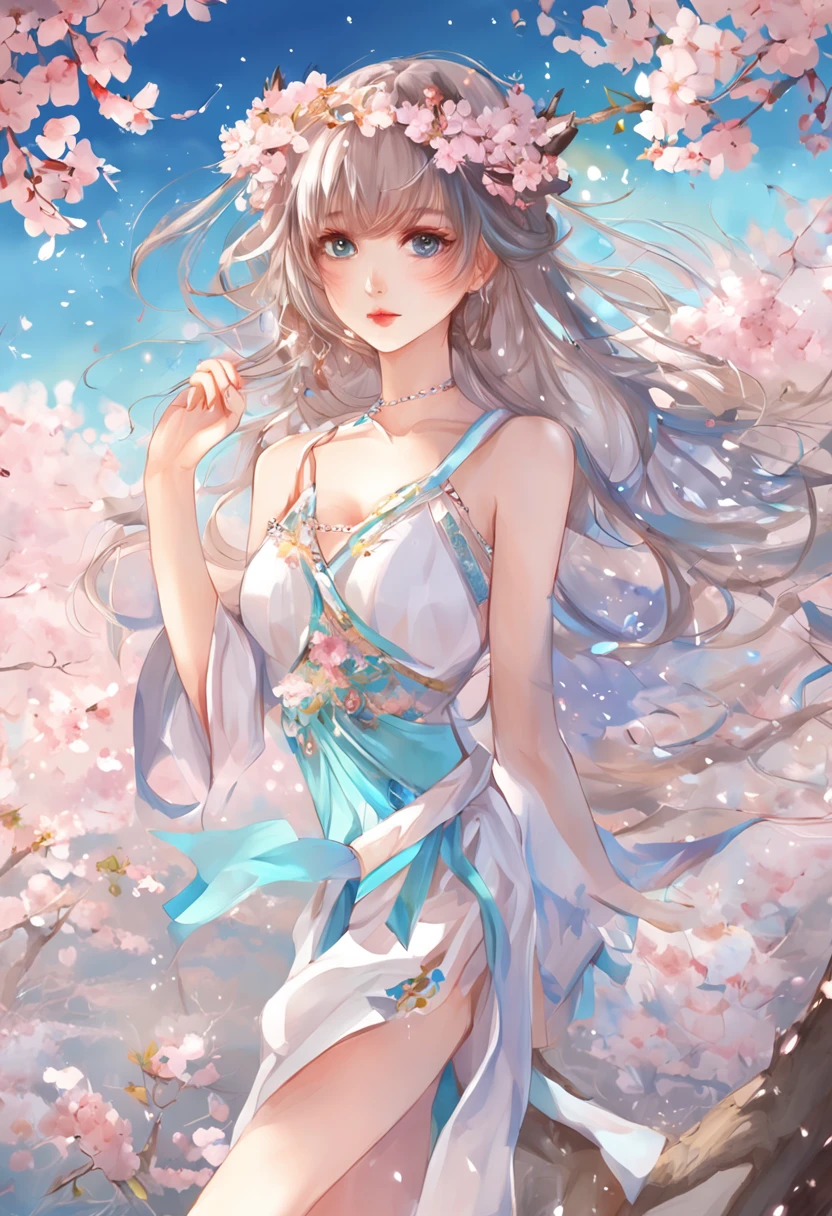 (best qualtiy,tmasterpiece), Beautiful teenage girl, Beautiful goddess, Sexy goddess, ((The shirt, One shoulder, short skirt, Floral)), Beautiful hair accessories, peach blossom, Detailed scenes, the night, starrysky, cold light, (in pink, white colors, cyan colors), ((from side)), ((knee shot)), ((realistic))