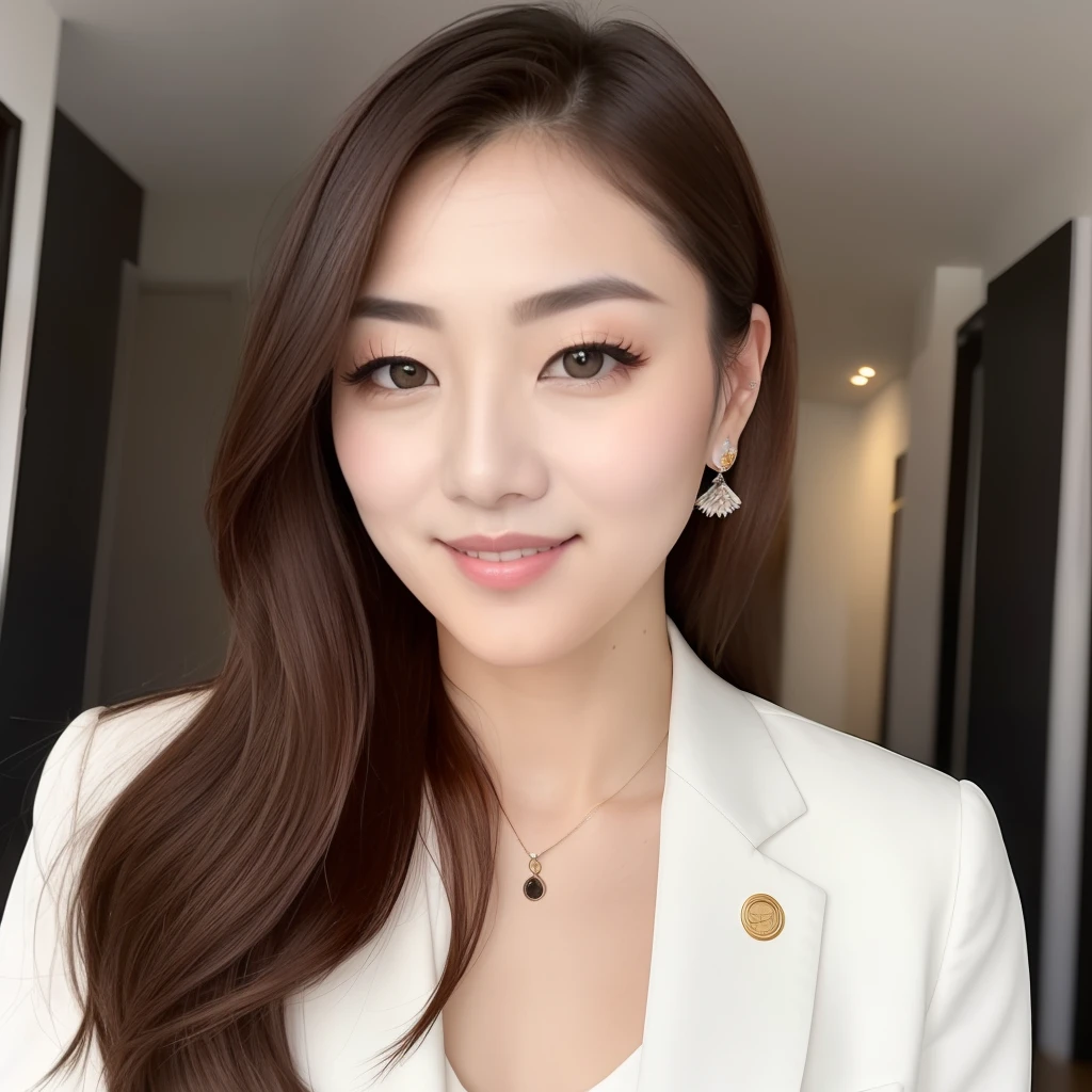 This is a photo of the upper body of a 36-year-old woman slightly from the front.。She resembles an actress and、slightly drooping rounded eyes,、Eyebrows gently sloped downward towards the outer corners、There are foggy eyes decorated with natural makeup。Her beautiful layered brown hair has both youth and beauty、He is a politician and wears a white suit.、Gentle indoors、I'm looking at this with a serious expression。Smiling with a shy look、Exudes charm。
