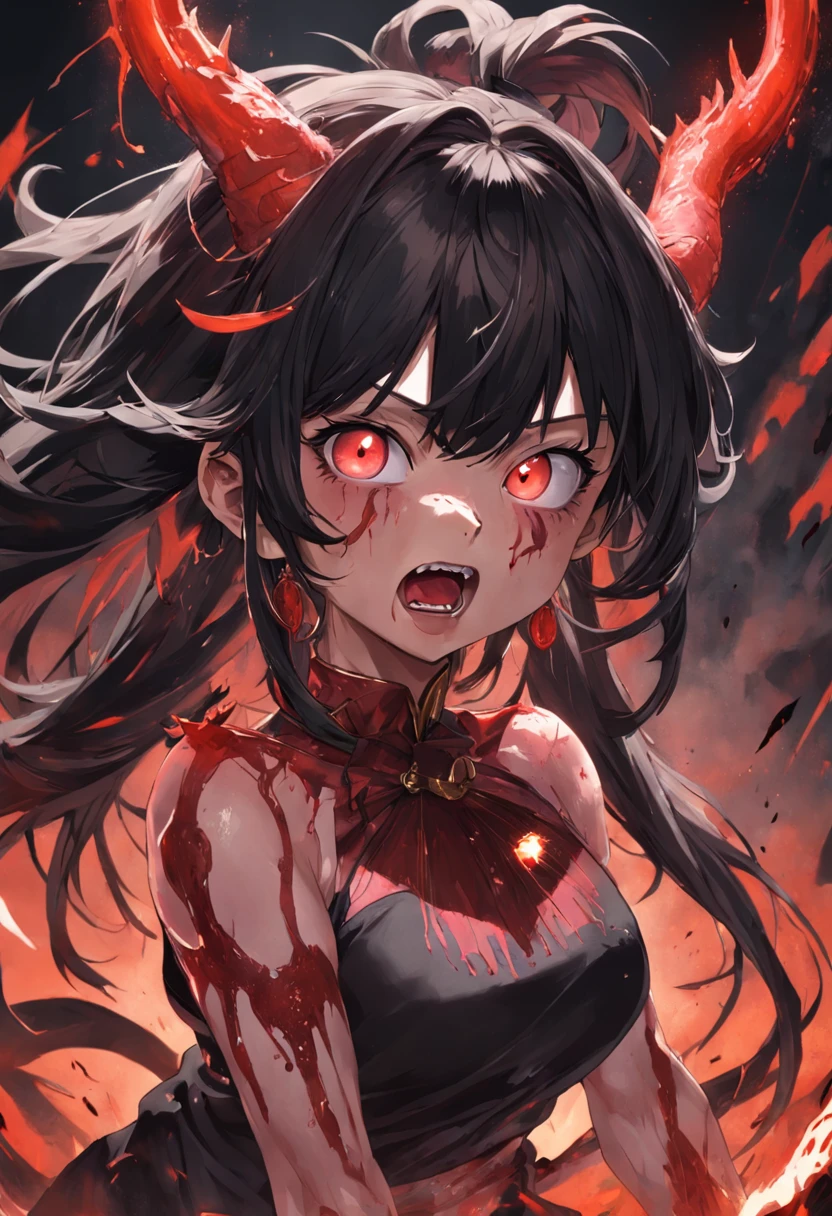 tmasterpiece，Ultra photo realsisim，32K resolution，Excellent painting in extreme detail，best qualtiy，Chinese legends of gods and demons，Dark horror theme:1.3，（son goku，Stick out her tongue，Lick the blood at the corner of your mouth:1.5，red eyes，Black clothes，redcloak，with short brown hair，Gold forehead band，tiger skin skirt，Detailed face，Detailed eyes，Moist tongue，Anatomically correct）:1.5，Cobweb texture，darkly，terroral，Ghastly,Complicated details，detailedbackground，awardwinning