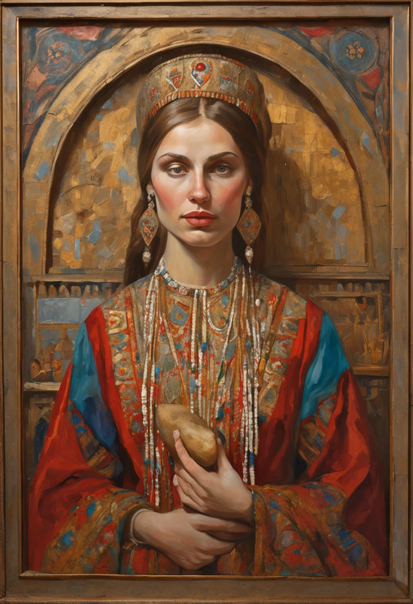 (Hyper-detailed and high-quality images), A young girl of beautiful Slavic appearance, brown-haired woman with gray eyes, Straight nose profile, thin eyebrows, the correct oval of the face, in Russian suit with precious stones, gold jewelry around the neck, hands on the head and ears, in full height, holding cheese in her hand, standing against the backdrop of the Orthodox Ipatiev Monastery in the city of Kostroma - the cradle of the House of Romanov,  (in the style of Russian classical painting, Makovsky, Shishkin, Nesterov, Victor Vasnetsov), gives the impression of serenity and tranquility, leaving you calm and relaxed, 16k