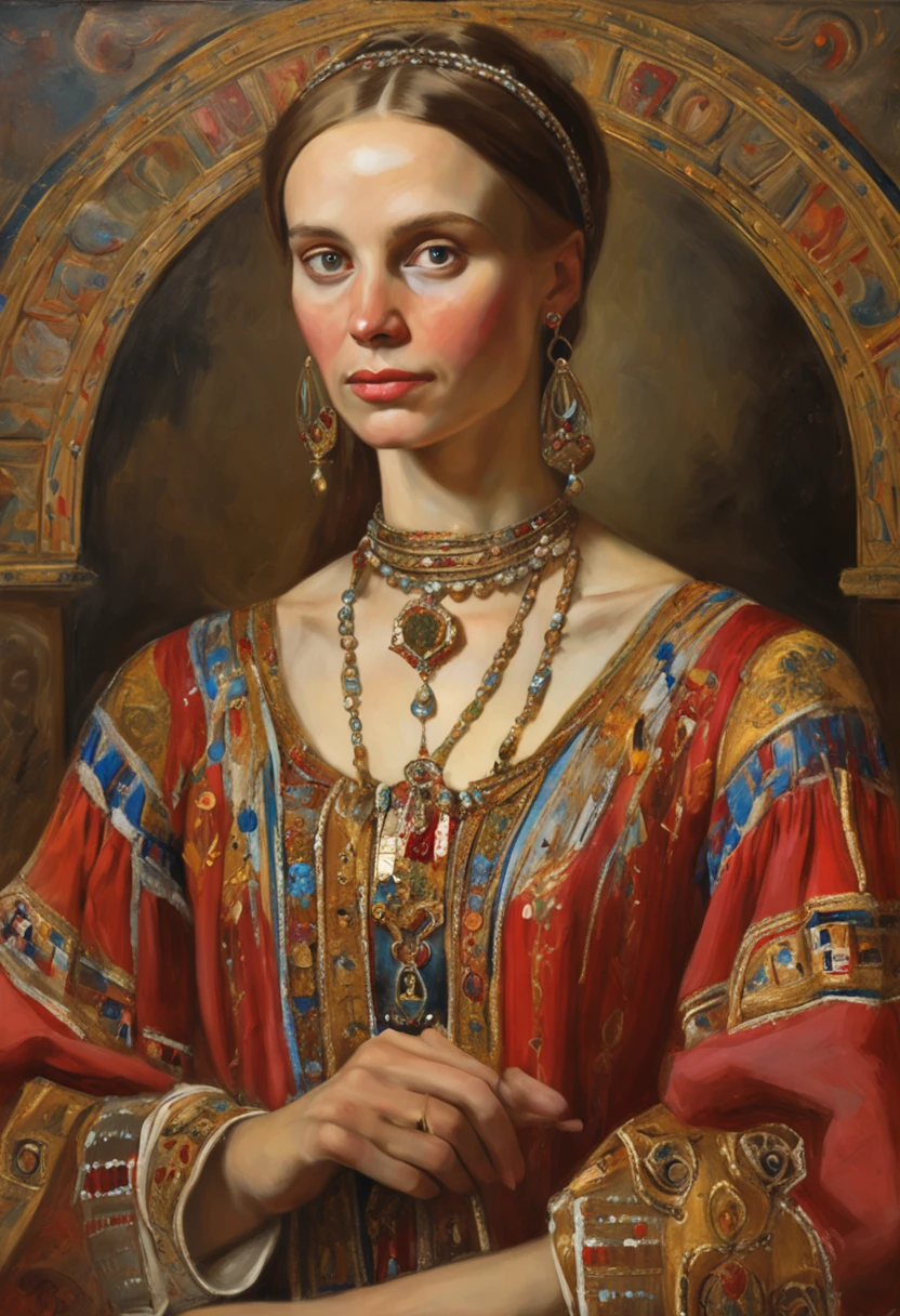 (Hyper-detailed and high-quality images), A young girl of beautiful Slavic appearance, brown-haired woman with gray eyes, Straight nose profile, thin eyebrows, the correct oval of the face, in Russian suit with precious stones, gold jewelry around the neck, hands on the head and ears, in full height, holding cheese in her hand, standing against the backdrop of the Orthodox Ipatiev Monastery in the city of Kostroma - the cradle of the House of Romanov,  (in the style of Russian classical painting, Makovsky, Shishkin, Nesterov, Victor Vasnetsov), gives the impression of serenity and tranquility, leaving you calm and relaxed, 16k