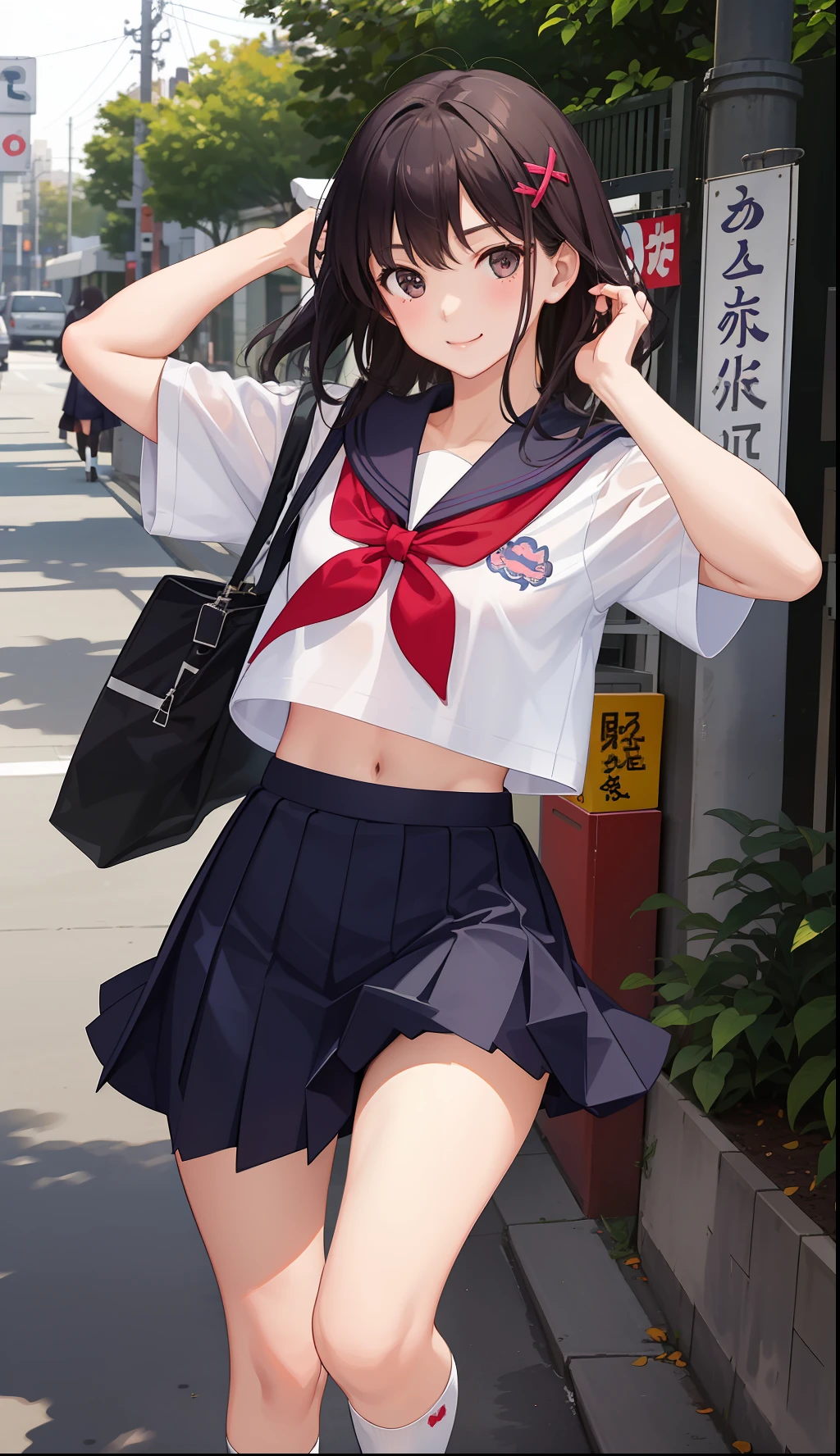 1girl in、A smile、The shirt、skirt by the、（small tits）Chilarism、Japan High School Student Uniform、serafuku、summer clothing、（Sheer Bra）、Upper body portrait、Dynamism!!Running with the wind、