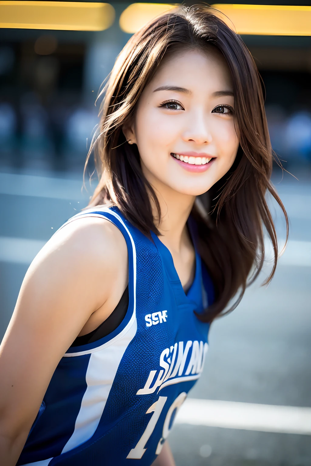 女の子1人、Happiness、A smile、(In the street:1.2)、((Transaction service:1.2))、Night、Raw photography、(Photorealsitic:1.37、realisitic)、High Definition CG Integrated 8K Wallpapers、Viewer's Perspective、(((Straight)from the front side)))、(HQ Skin:1.8、shiny skins)、8K UHD、Digital SLR、Soft lighting、hightquality、Film grain、富士XT3、((The upper part of the body:1.6))、(Professional Writing:1.6)Enlarge your bust、Lifelike face，real looking skin、basketball、Basketball Uniforms、Little exposure