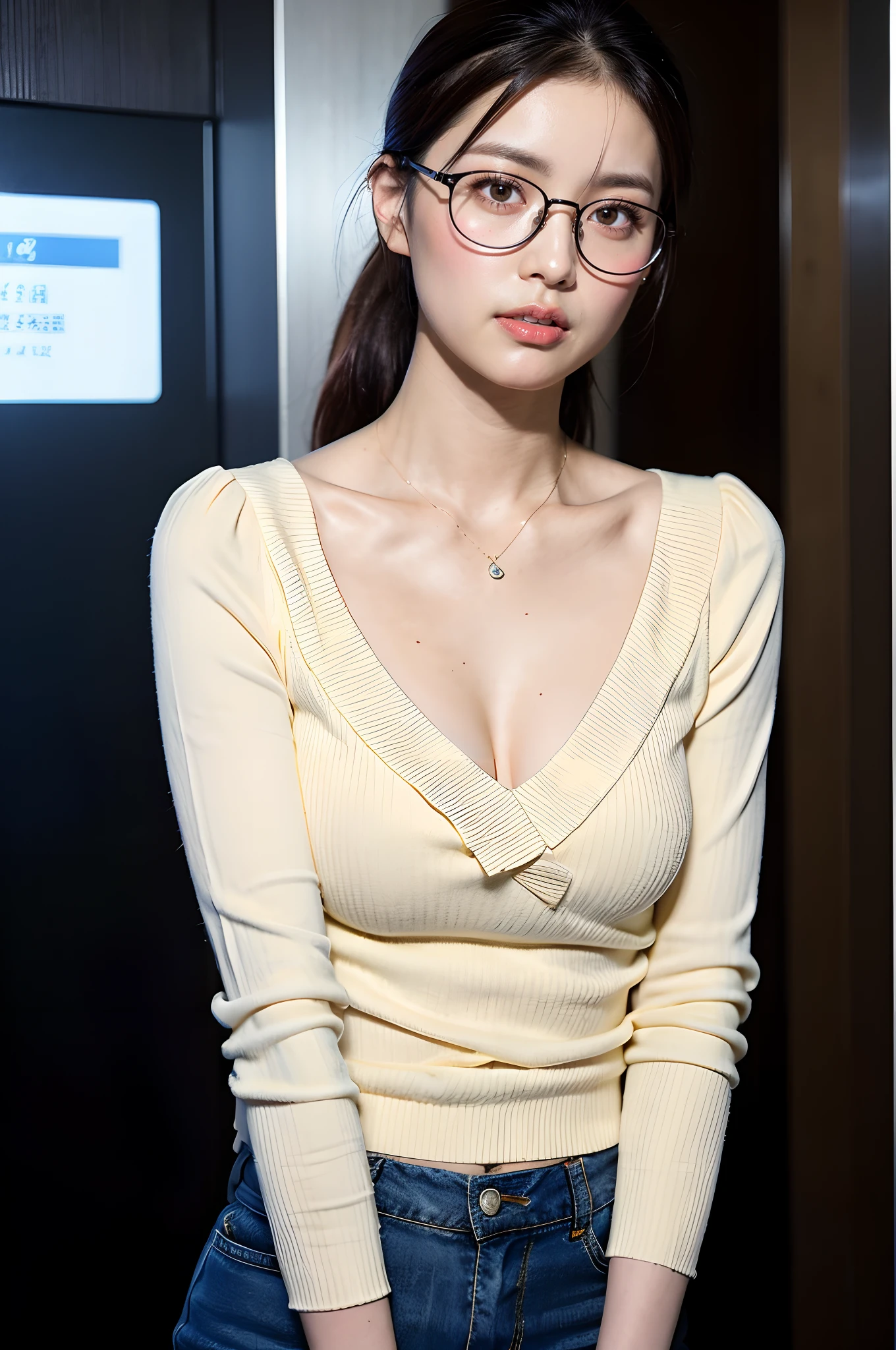 8K、top-quality、​masterpiece、超A high resolution、a picture、beautiful japanese female、Elegance、There is a good、intelligence、Moist beauty、The eyes are far away、Transparent atmosphere、Beautiful face、Keep hair up and down、Raised corners of the mouth、Gradient lighting、1girl in、Delicate skin、eye glasses、Fashionable glasses、a necklace、A bracelet、wrist watch、Look into the distance、Brown-eyed、small tits、breasts are small、Very small、You can clearly see the shape of the chest、(realisitic:1.4)、(top-quality:1.0)、(超A high resolution:1.0)、8K、Raw photography、Ruffled Trim Shearing Bust Ruffled Camitop、Cream clothes、Tight、Cream clothes、want me、Take your eyes off、The bust is protruding、areola is visible、total darkness、subject、Lean、Distract your gaze、looks to the side、Makoto、stick out buttocks、Angle from the side、Bangs shed to the side、organize your hairstyle well、eyes to eyes、Moist beauty、SLR、blows wind、Expose behavior、Outdoor exposure、excited、s Office、elevator、Inside the elevator、eng、Be nervous、Have a laptop computer、Hold the computer with both hands、
