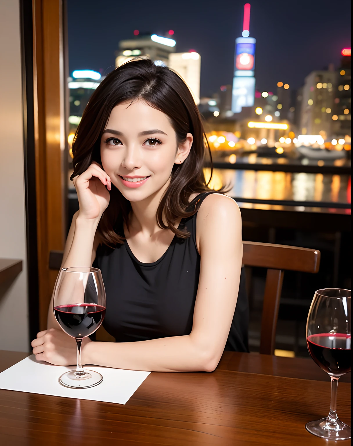 (64K, UHD, top quality, masterpiece: 1.2), (realistic, photorealistic: 1.37), super detailed, pretty woman 1 person, (slim face), (slim body), (brown hair), (short cut), cheeks slightly blushing, (44 years old), 38 years old, solo, beautiful detailed urban night view outside the window, restaurant, wine glasses sit, at night, in a prominent placeNovaFrogStyle, Actress, Model, Waist Up, White Wine, Slim, Wine Glass, Super Clean Night View, Wine Glass Put in the Middle, Happy Smile, (Smile: 1.15), Beautiful Fine Eyes, Upper Body, Bust Japan Up, Night, Short, Short, Actress, Model, Waist Up, White Wine, Slim, Wine Glass, Super Clean Night View, Wine Glass Put in the Middle, Happy Smile,