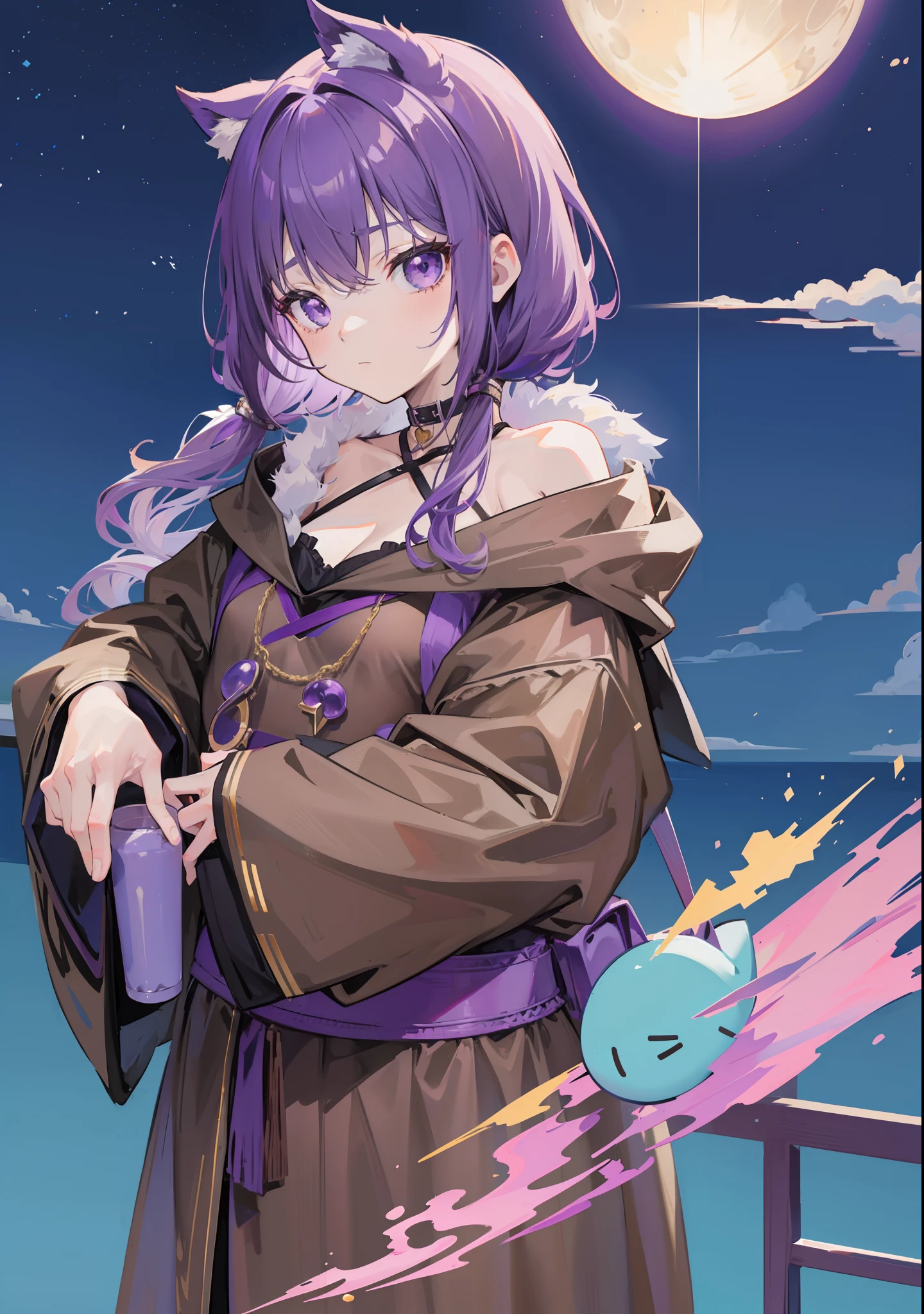 Cute loli with purple hair，flatchest，Wear loose gray-brown robes，Moe Moe Da will sell Moe Pretend to be pitiful，A little tsundere，Milk fierce milk fierce