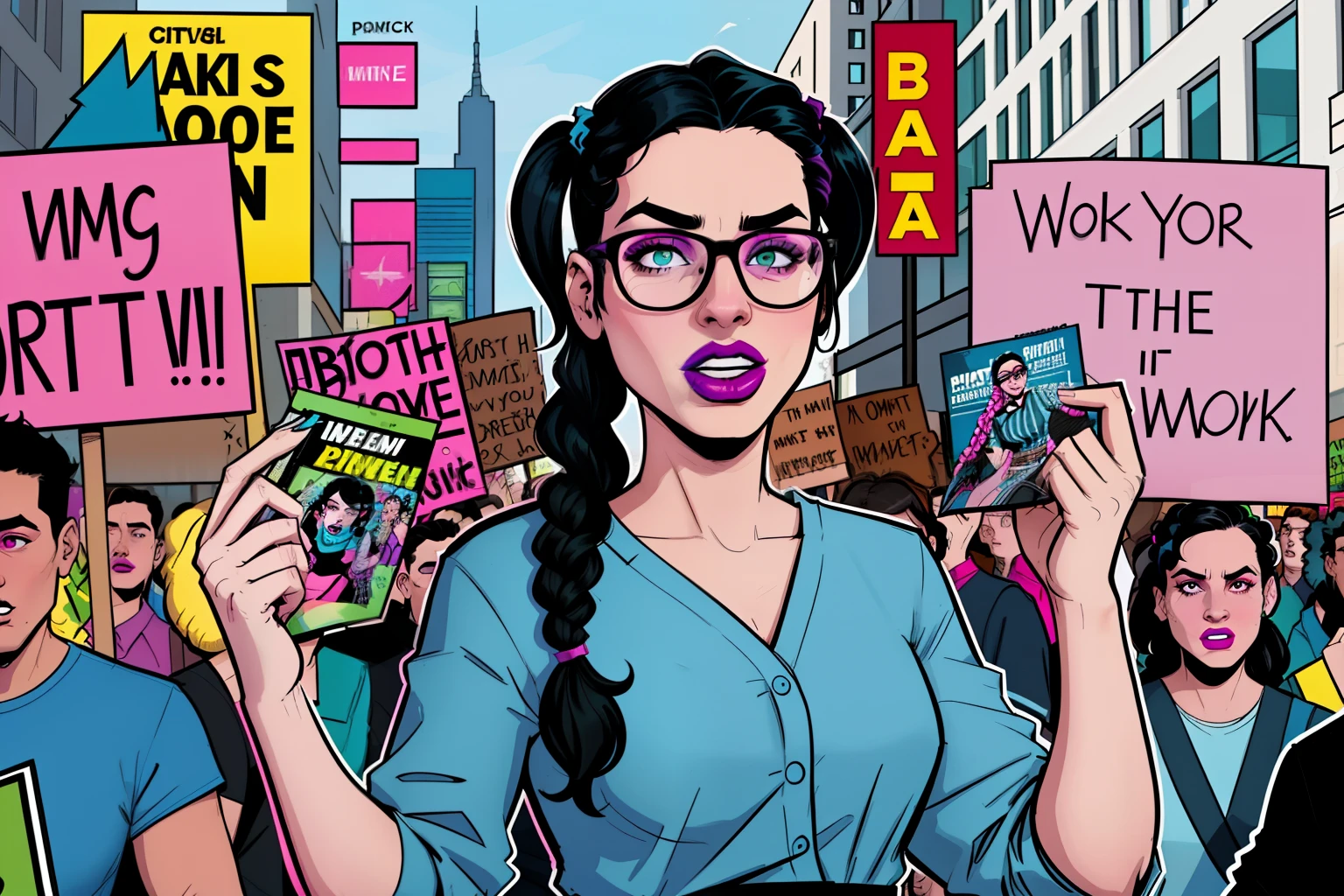 protest, non binary, male, nerd, scared, protesting, crowd, pigtails braided black hair hair, green lipsticks, wearing a blue shirt, city street, people wearing pink and blue clothes, comic book style, flat shaded, prominent comic book outline linework
