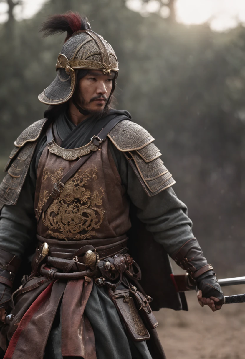 An artistic station masterpiece of extreme detail and realistic lighting,In the picture, there is a horse swordsman in front of him holding a katana,The katana reflection is very epic,The cloak covered his face,There are many enemies around,The atmosphere is intense,The composition is perfect,Intricate and detailed,Ultra-detailed and ultra-precise process design,Ultra HD 32K quality。 --v6