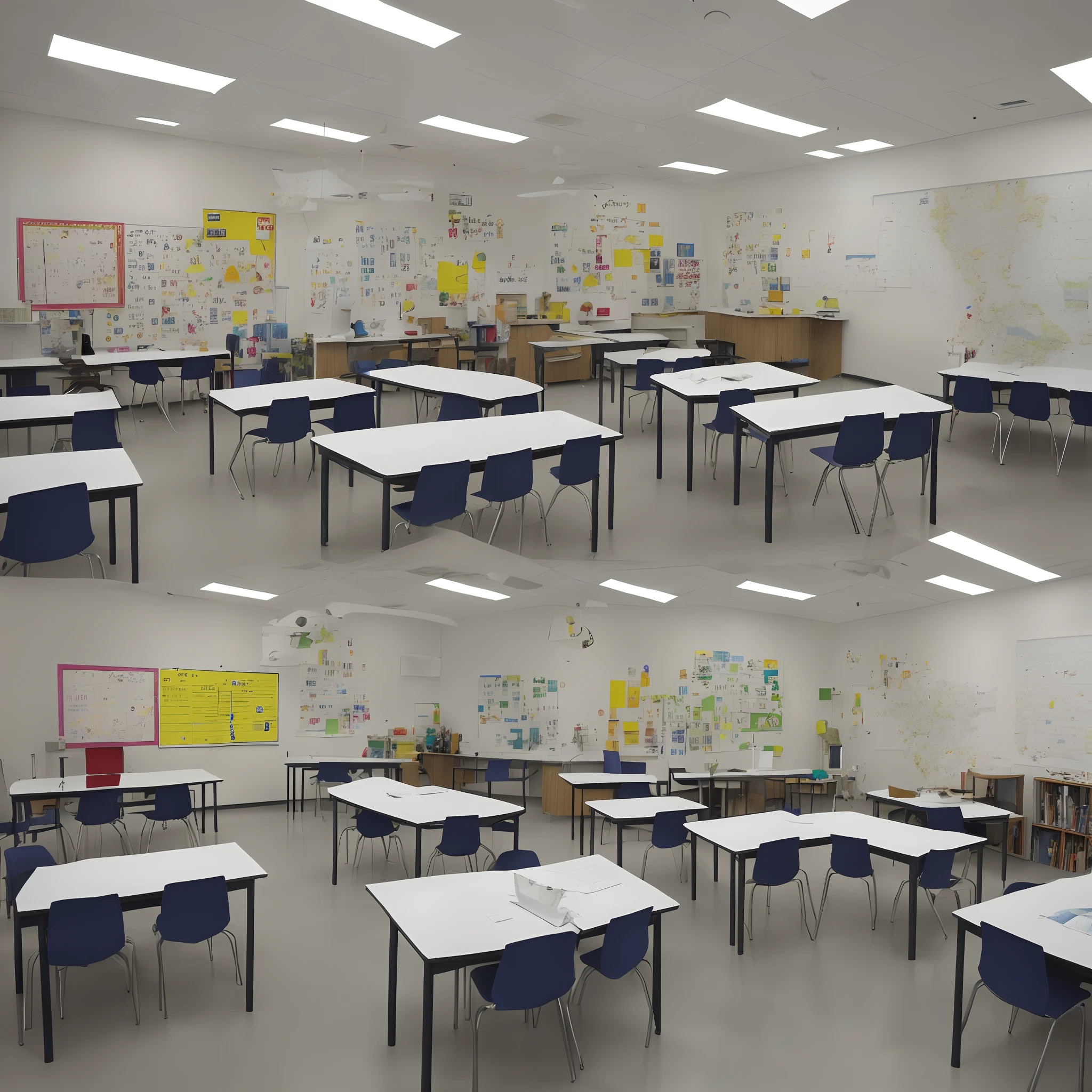 Ultra definition classroom (8k), A sala de aula tem um layout amplo e bem organizado, with rows of wallets lined up in a semicircle, facing the front area where the teacher teaches the classes.
The wallets are comfortable and equipped with writing surfaces, allowing students to take notes and participate in discussions in a practical way.
O professor possui uma mesa na frente da sala, where is the computer and teaching materials. Decoration and Environment:
The walls are decorated with maps, charts, illustrations and posters related to the disciplines taught, enriching the environment with relevant visual information.
The lighting is soft and pleasant, providing an environment conducive to concentration and learning.
Some plants and decoration elements give a touch of warmth and humanization to the space.