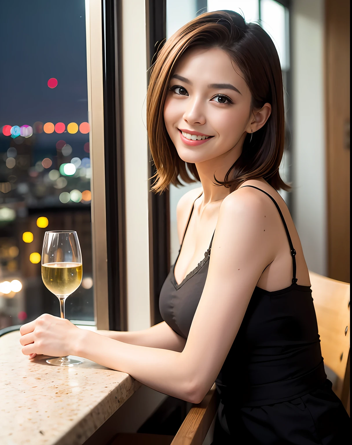(64K, UHD, top quality, masterpiece: 1.2), (realistic, photorealistic: 1.37), super detailed, pretty woman 1 person, (slim face), (slim body), (brown hair), (short cut), cheeks slightly blushing, (44 years old), 38 years old, solo, beautiful detailed urban night view outside the window, restaurant, wine glasses sit, at night, in a prominent placeNovaFrogStyle, Actress, Model, Waist Up, White Wine, Slim, Wine Glass, Super Clean Night View, Wine Glass Put in the Middle, Happy Smile, (Smile: 1.15), Beautiful Fine Eyes, Upper Body, Bust Japan Up, Night, Short, Short, Actress, Model, Waist Up, White Wine, Slim, Wine Glass, Super Clean Night View, Wine Glass Put in the Middle, Happy Smile,