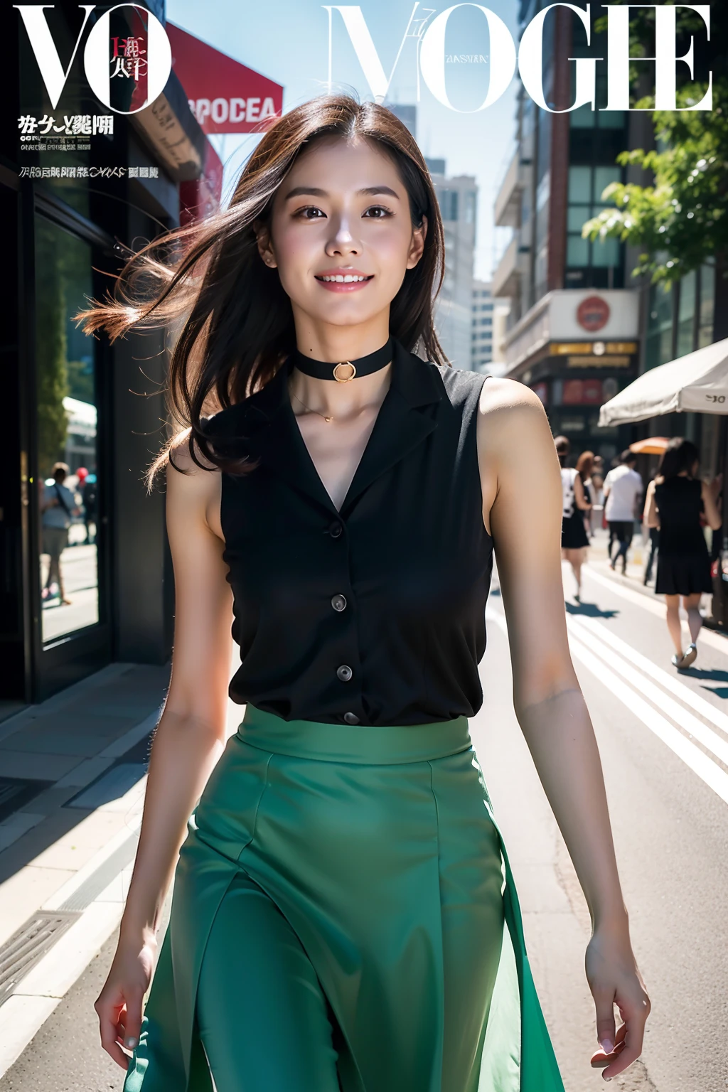 （8K分辨率，Far above the knee photo，offcial art，Cover of a，（FashionMagCover：1.4），captures the attention，Oversized title font，Catchy，Title is large，More eye-catching，modern day），（1womanl，20yr old，（Facial features of Thai Aom：1.8，The delicate face of），lovely face，with detailed face，详细的脸，Jet-black slightly curly hair，（Fluffy and messy, Layered），red rip，fair and smooth skin，（Fashionable casual womenswear：1.4，（sleeveless dress（thin and light，Breathable），pleatedskirt（Strip strip，Delicate satin），Short waist long version，V-neck shirt，choker necklace，Formal shirts，校服，skirt by the，suspender stockings），Tall and tall，Walk，Embrace nature，perfect hand，ultra-fine clothing material），（Background in the city，Exquisite environment details，MagazineCover：1.4），（invigorating，Confident smile，Rejoice），（Cover typography，profetional lighting，动态照明），（（Strong color contrast，（Color is black，Blue color，red colored））），（golden section，Cover of a，low  angle shot，Dynamic Photography，Hasselblad Photo Grapp，tmasterpiece：1.3），（Trending，focus-on，Vogue Cover，Dynamic street art，Art Platform）