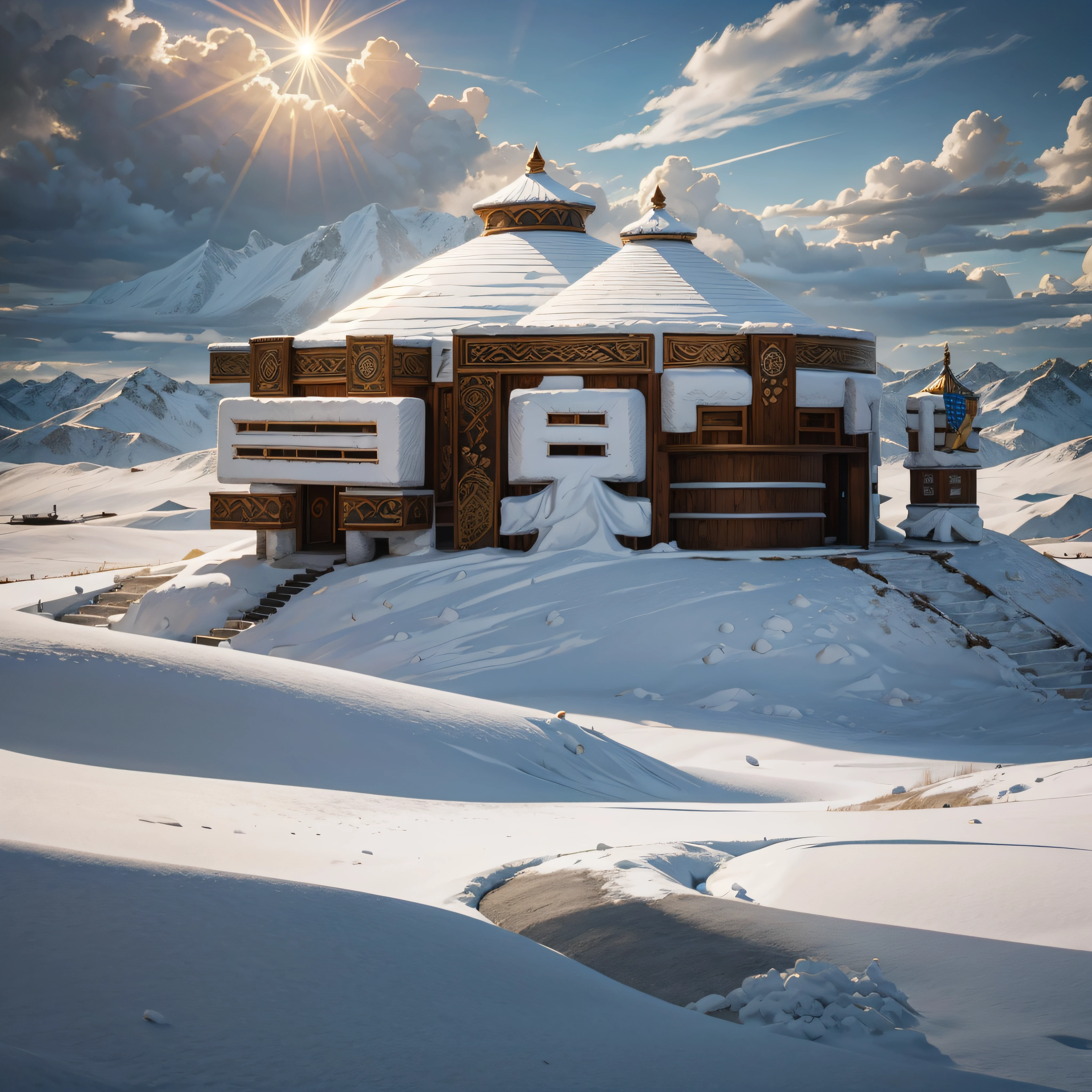 flock,yurts,White snow,Snowy steppe,totem,tmasterpiece,Mongolian architectural motifs,tmasterpiece,Best quality,ultra - detailed。