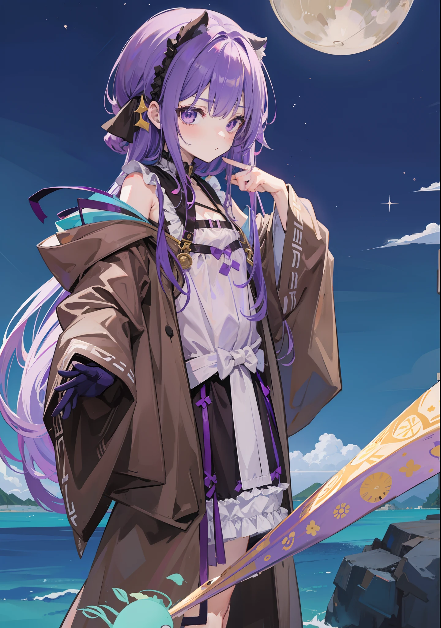 Cute loli with purple hair，flatchest，Wear loose gray-brown robes，Moe Moe Da will sell Moe Pretend to be pitiful，A little tsundere，Milk fierce milk fierce