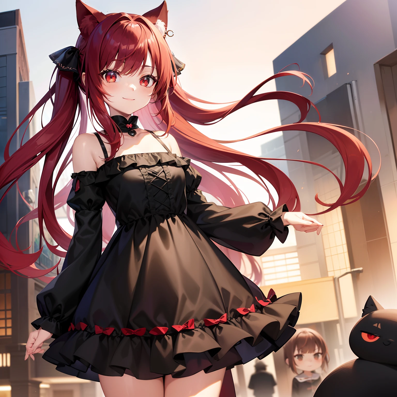 Anime filling,Two-dimensional illustration,Red hair,Half Twin Tail,shorth hair,Big eyes,A smile,a beauty girl,cute little,Super Cute,Black cat ears,Red Eyes,Ruffled Clothes,Black lace clothes,Inner colorGreen,One girl,Full body painting,A masterpiece of 2D art,(masterpiece,Top image quality:1.3),(detaile:1.2),(女の子1人),Standing Picture