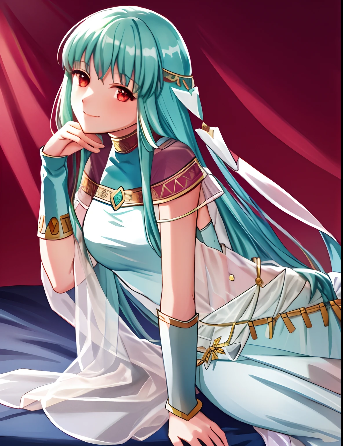 ninian fe, 1girll, Solo, view the viewer, Blush, Sitting, on top of the bed, Seductive smile, arm behind head, Long dress, Red eyes, jewelry, Dancer, Leaning forward, Head tilt, head rest, hand on own face, From the side Side, Cowboy shot