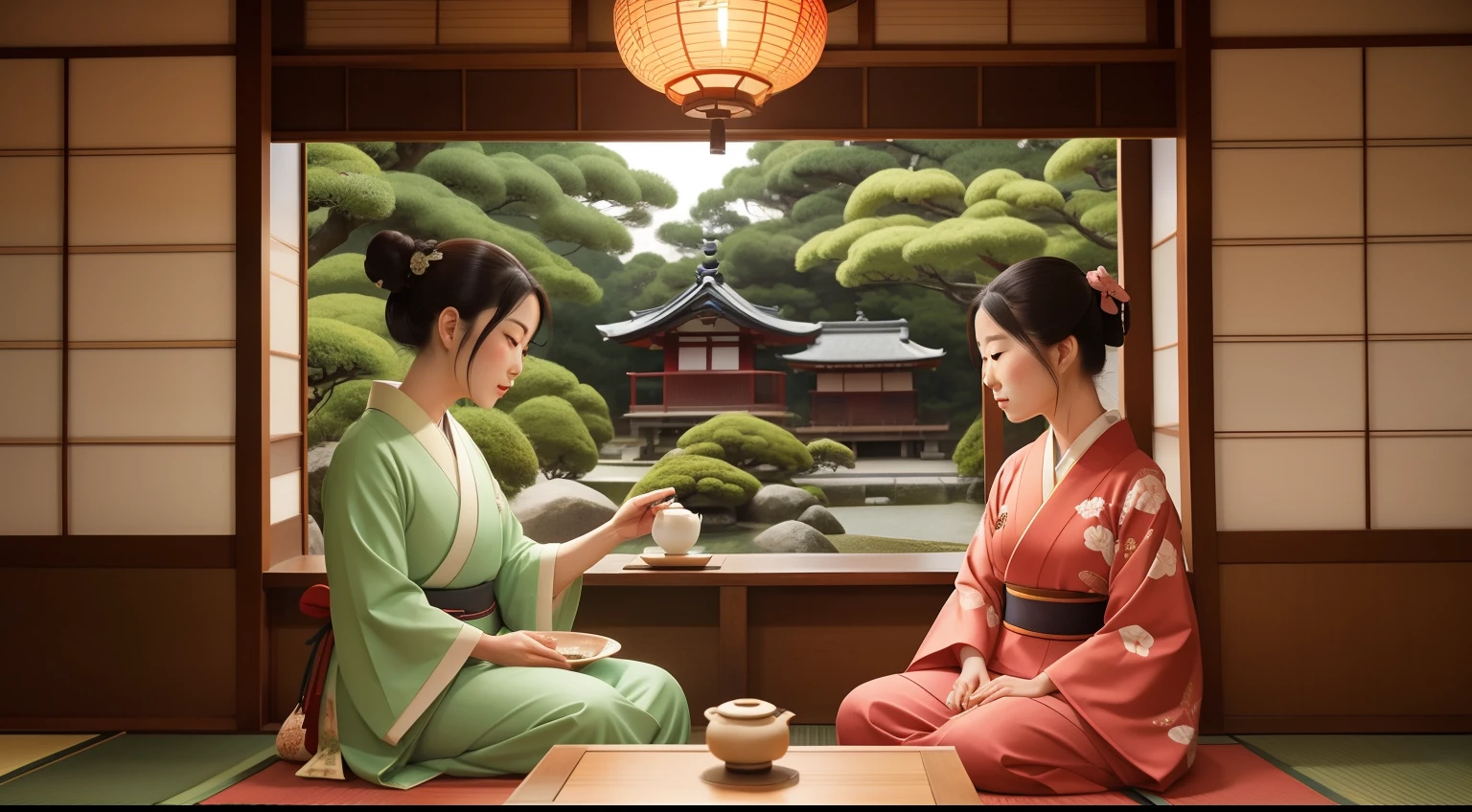 Date: 1890
Country: Japan
Description: In a Kyoto tea house, women clad in traditional kimonos sip matcha while discussing the evolving cultural landscape of Japan.