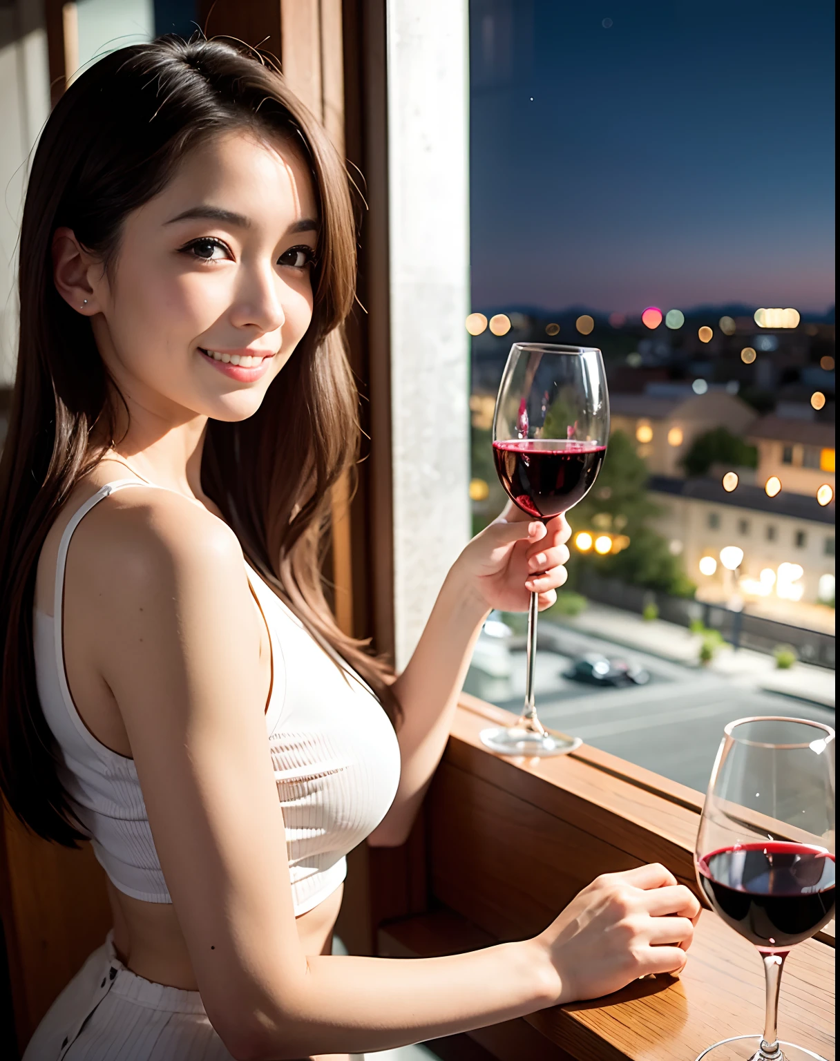 A 20-year-old with a cute, youthful face like an idol smile gently rather large bust In underwear holding a glass of red wine Late night on the balcony of an apartment dark lighting Raw photo genuine real High definition Do not display copyright
