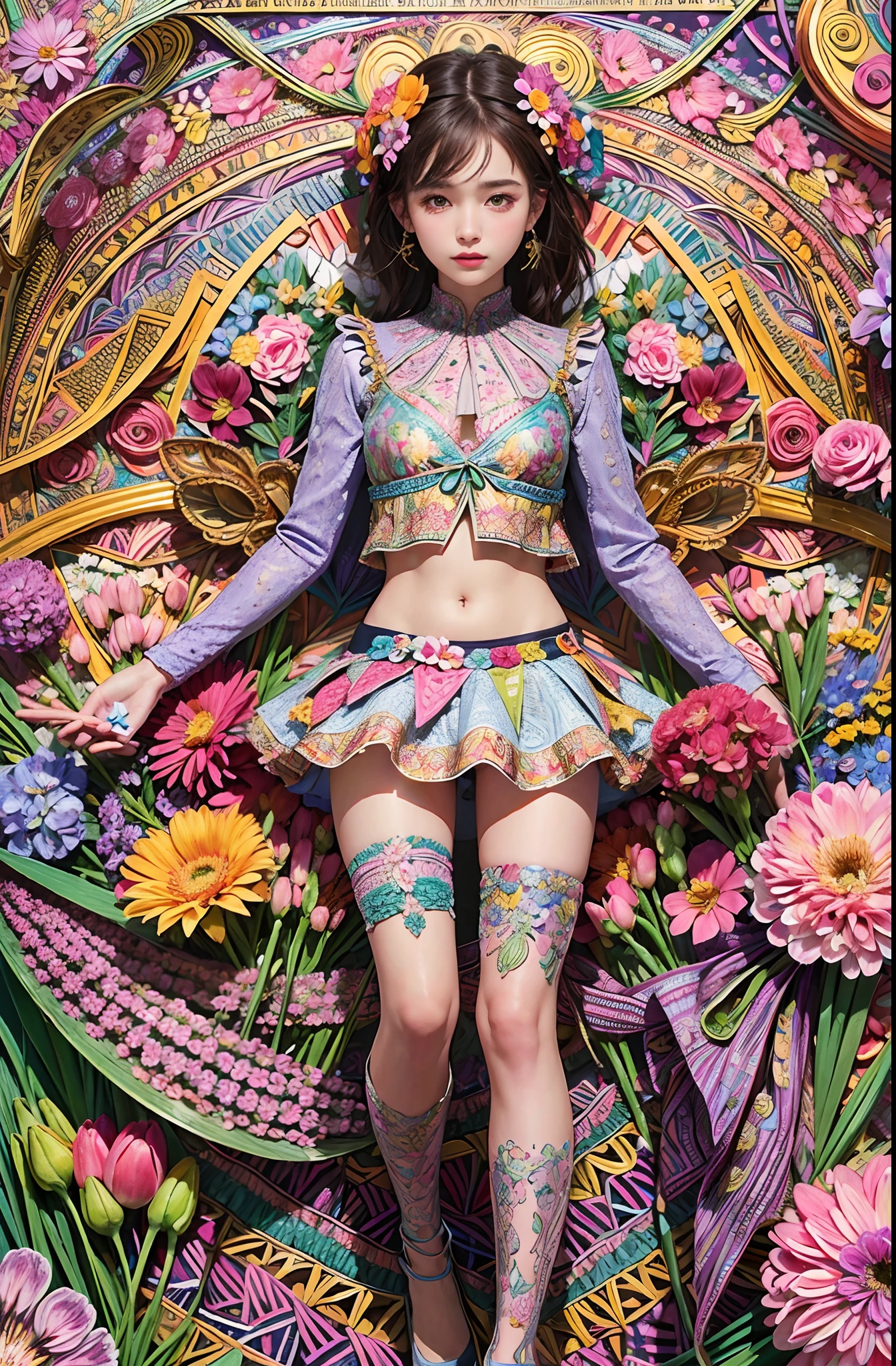 (ultra-detailed background, detailed background), absurdres, highres, ultra detailed, extremly detailed, 1girl, (bunch of flowers:1.3), (zentangle:1.2), (geometric:1.2),(colorful),