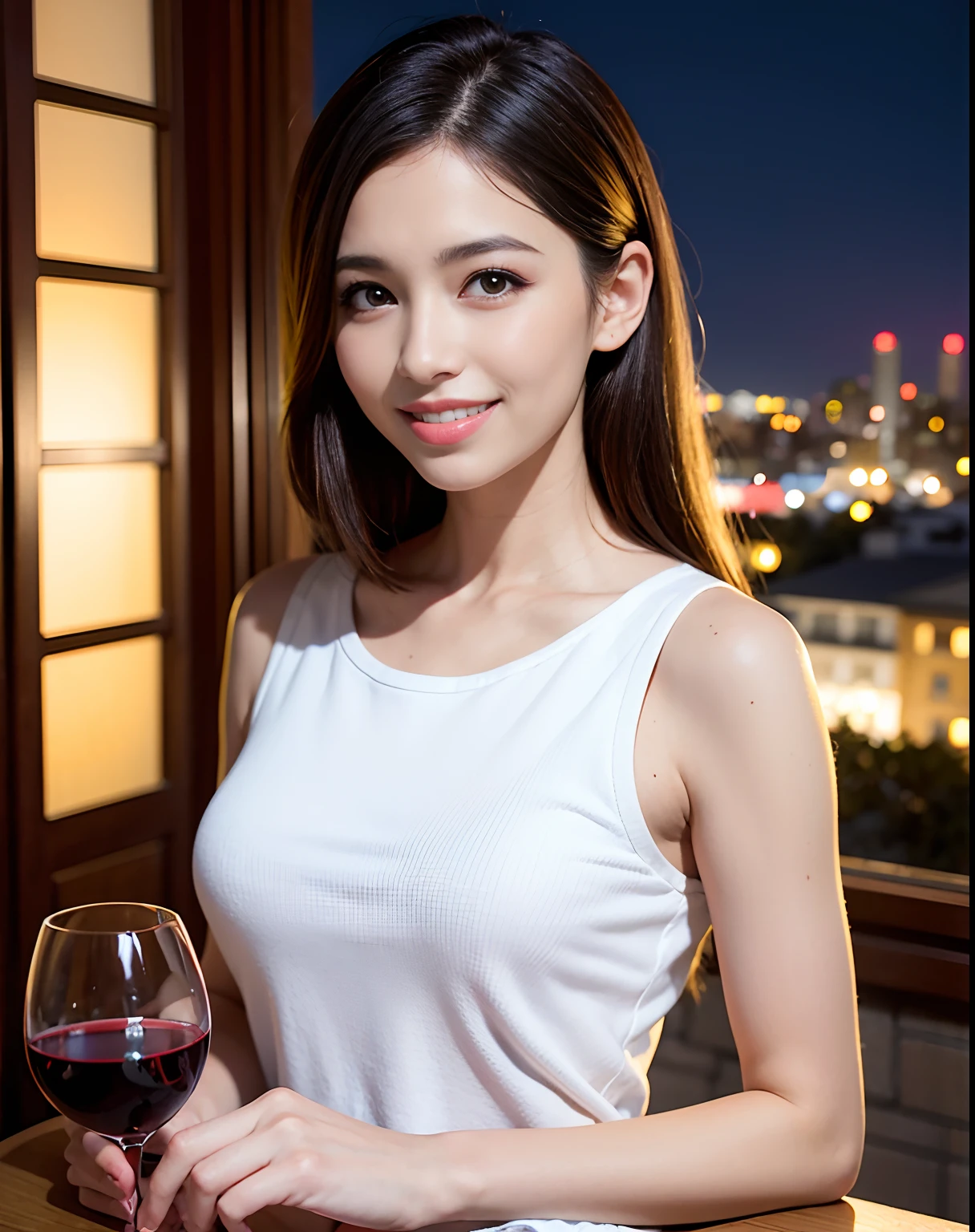 (64K, UHD, top quality, masterpiece: 1.2), (realistic, photorealistic: 1.37), super detailed, pretty woman 1 person, (slim face), (slim body), (brown hair), (short cut), cheeks slightly blushing, (44 years old), 38 years old, solo, beautiful detailed urban night view outside the window, restaurant, wine glasses sit, at night, in a prominent placeNovaFrogStyle, Actress, Model, Waist Up, White Wine, Slim, Wine Glass, Super Clean Night View, Wine Glass Put in the Middle, Happy Smile, (Smile: 1.15), Beautiful Fine Eyes, Upper Body, Bust Japan Up, Night, Short, Short, Actress, Model, Waist Up, White Wine, Slim, Wine Glass, Super Clean Night View, Wine Glass Put in the Middle, Happy Smile,