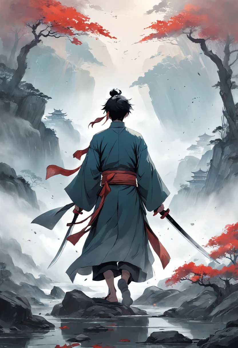 Draw a man with a sword in a misty landscape, inspired by Sōami, by Yang J, author：Shen Zhou, concept art illustration, traditional japanese concept art, Inspired by Feng Zhu, illustration concept art, Inspired by Shen Zhou, inspired by Zhang Sengyao, author：Li Zai, author：Sun Kehong, A beautiful artwork illustration, dramatic concept art