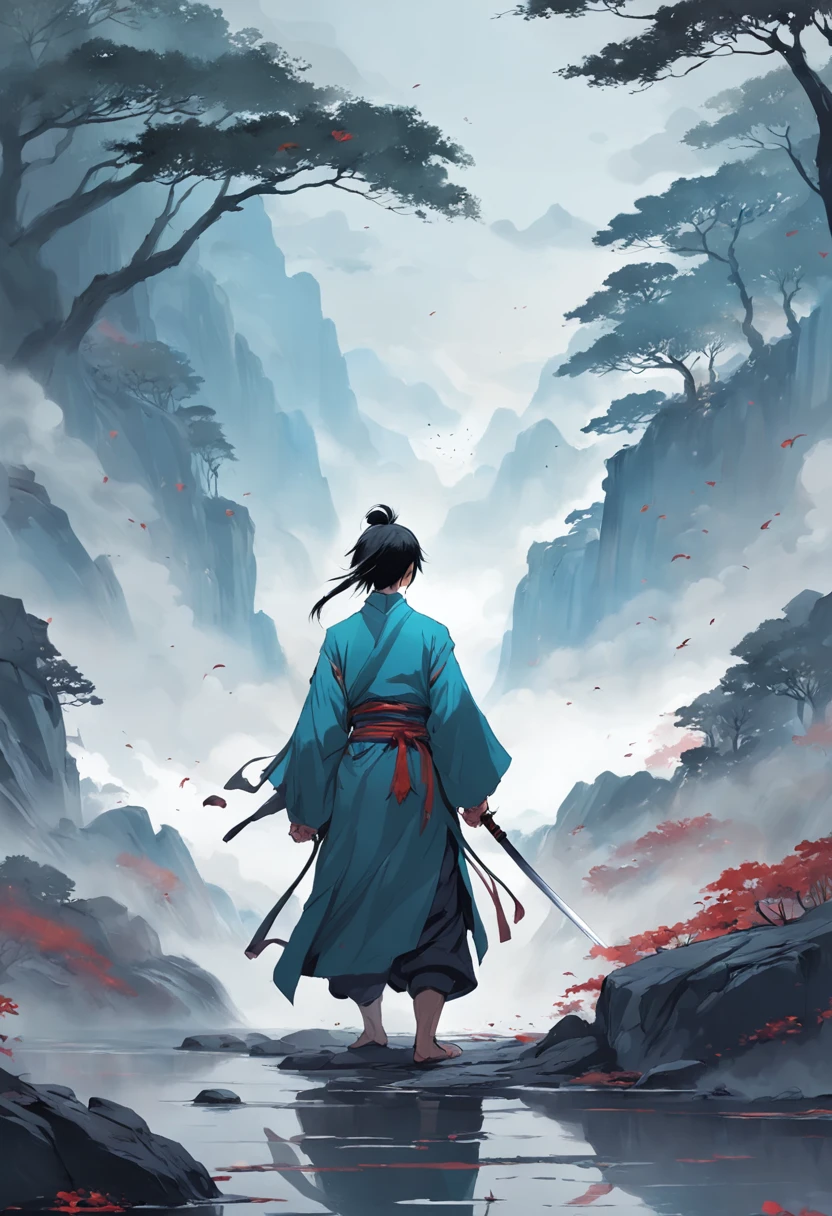 Draw a man with a sword in a misty landscape, inspired by Sōami, by Yang J, author：Shen Zhou, concept art illustration, traditional japanese concept art, Inspired by Feng Zhu, illustration concept art, Inspired by Shen Zhou, inspired by Zhang Sengyao, author：Li Zai, author：Sun Kehong, A beautiful artwork illustration, dramatic concept art