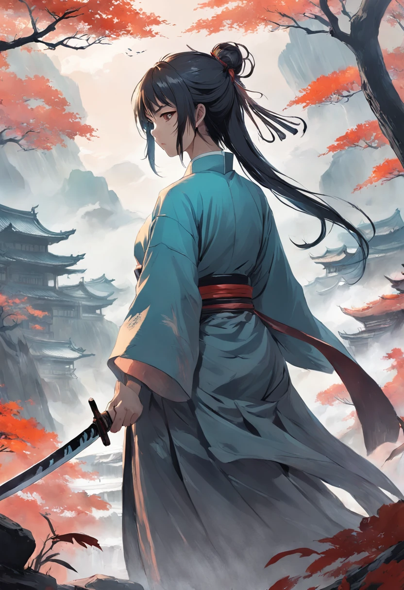 Draw a man with a sword in a misty landscape, inspired by Sōami, by Yang J, author：Shen Zhou, concept art illustration, traditional japanese concept art, Inspired by Feng Zhu, illustration concept art, Inspired by Shen Zhou, inspired by Zhang Sengyao, author：Li Zai, author：Sun Kehong, A beautiful artwork illustration, dramatic concept art