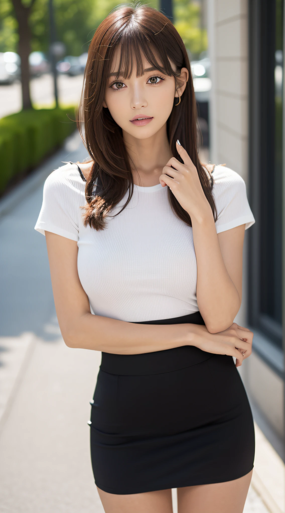 A girl around 25 years old,simplicity,Extremely beautiful and delicate,(light make-up),black color hair,A sweet smile,Delicate and beautiful fair skin,Realistic and realistic,exquisite and complete facial features,Detailed depiction of the face,tall nose bridge,Red lips,Beautiful, gentle and beautiful girl,Smooth hair,Extremely delicate hair,Feminine temperament,Fill your face light,hyper realisitc,photorealestic,8K quality,extremy detailed,Realistic details,Works of masters,Realistic to the extreme,big breasts body,Beautiful,Pure desire,Stunning beauty,Peerless beauty,Highest image quality,8K分辨率,goddes,ssmile,Fine facial features,Hair over the shoulder,A brown-haired,Large long thick legs,(((High-waisted French top))),(((short skirt))),rays of sunshine,facing at camera,The body is well-proportioned and firm,Gentle eyes,exposing thighs,stand posture,Stand inside the mall,Full body photo