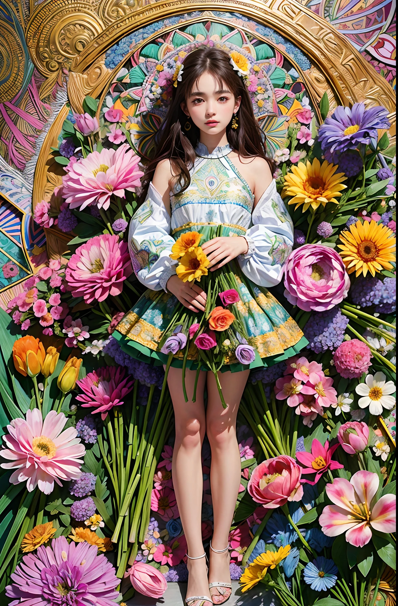 (ultra-detailed background, detailed background), absurdres, highres, ultra detailed, extremly detailed, 1girl, (bunch of flowers:1.3), (zentangle:1.2), (geometric:1.2),(colorful),