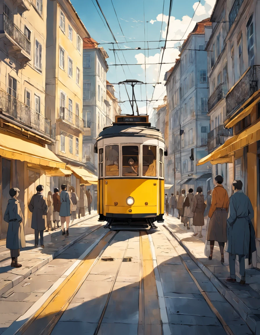 Simple illustration of a yellow Lisbon Tram 28e, with flat colors, front-facing perspective, bold black lines, on a white background.