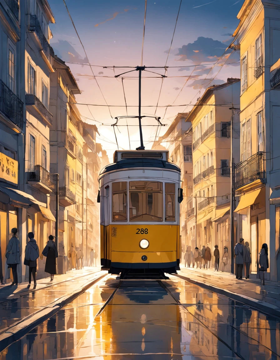 Simple illustration of a yellow Lisbon Tram 28e, with flat colors, front-facing perspective, bold black lines, on a white background.