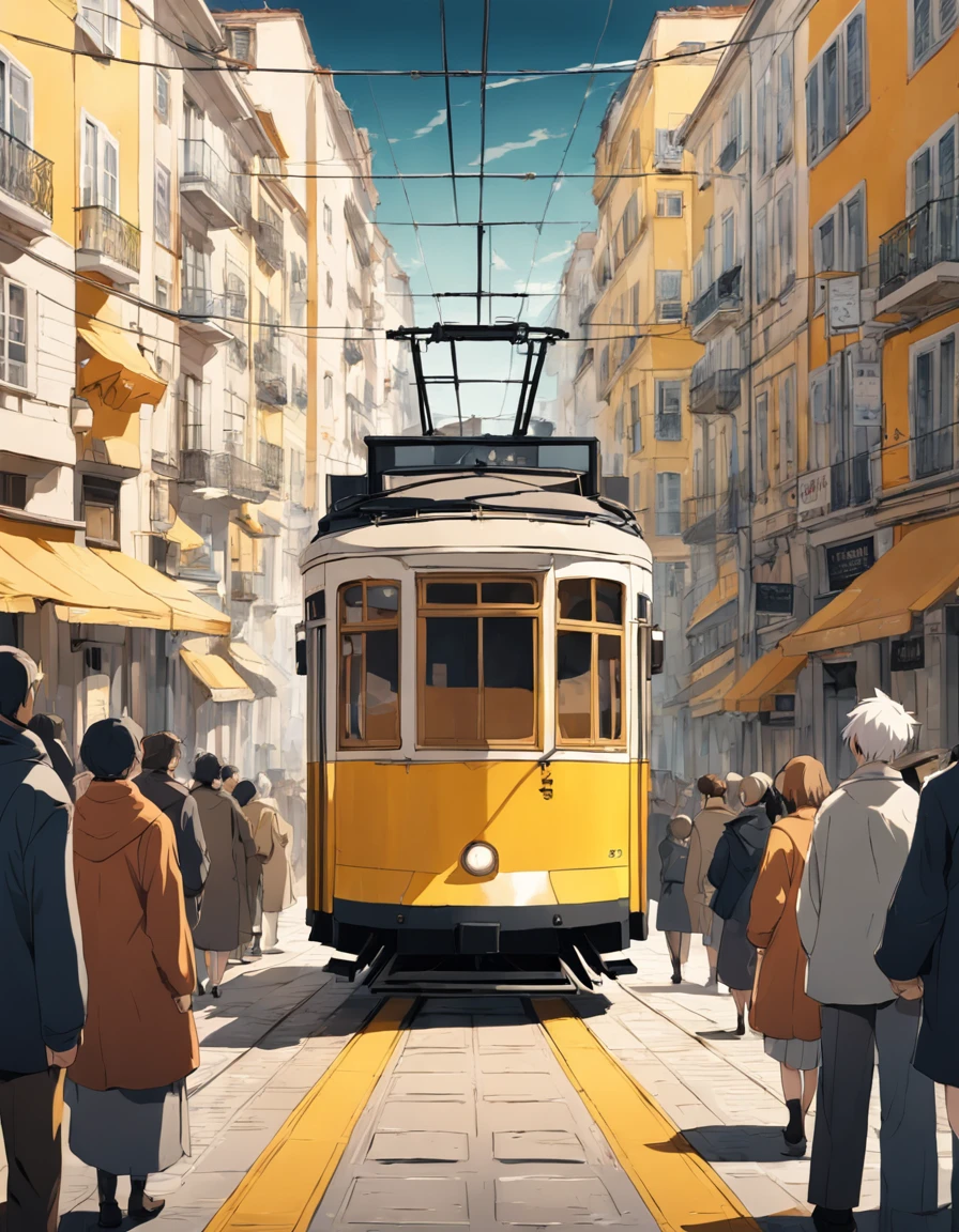 Simple illustration of a yellow Lisbon Tram 28e, with flat colors, front-facing perspective, bold black lines, on a white background.