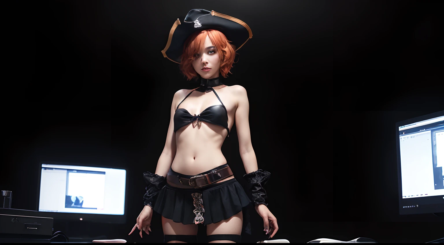 a girl ((naked)) ((WITH SHORT WAVY ORANGE HAIR)) dressed as a pirate in front of computer monitors typing at the keyboard ((((with small breasts showing)))) , (black collar around the neck)(with pirate hat) (in a dark room)(with black panties and black stockings)(((full body)))((transparent miniskirts and with black panties in sight)) ((in a very dark room))