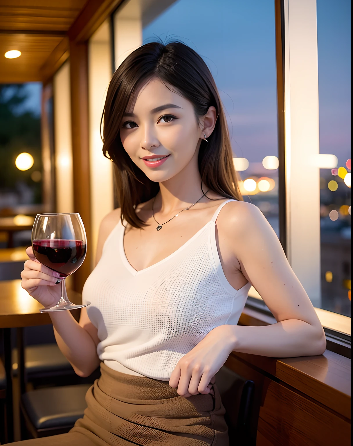 (64K, UHD, top quality, masterpiece: 1.2), (realistic, photorealistic: 1.37), super detailed, pretty woman 1 person, (slim face), (slim body), (brown hair), (short cut), cheeks slightly blushing, (44 years old), 38 years old, solo, beautiful detailed urban night view outside the window, restaurant, wine glasses sit, at night, in a prominent placeNovaFrogStyle, Actress, Model, Waist Up, White Wine, Slim, Wine Glass, Super Clean Night View, Wine Glass Put in the Middle, Happy Smile, (Smile: 1.15), Beautiful Fine Eyes, Upper Body, Bust Japan Up, Night, Short, Short, Actress, Model, Waist Up, White Wine, Slim, Wine Glass, Super Clean Night View, Wine Glass Put in the Middle, Happy Smile,
