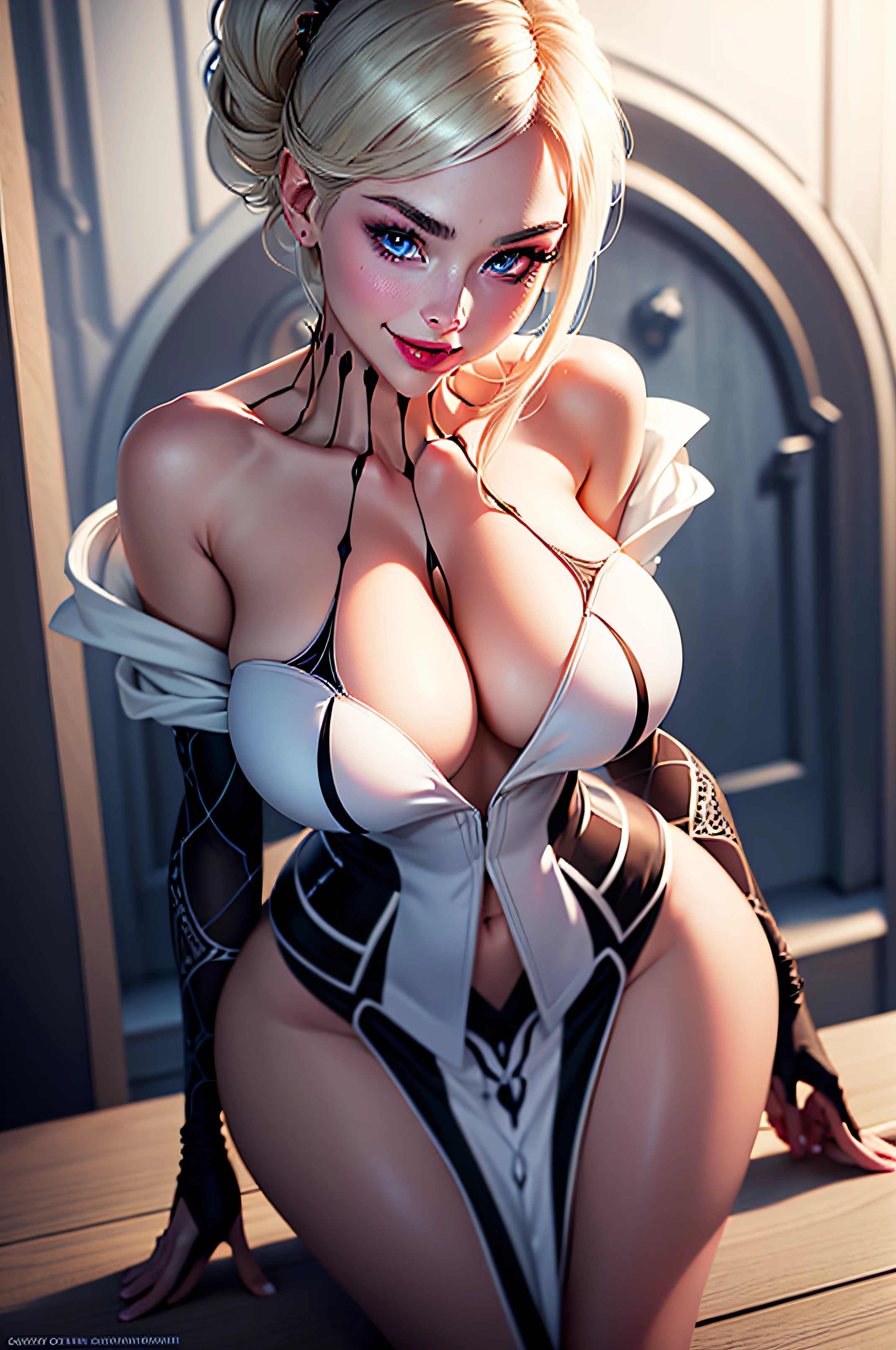 {{masterpiece}}, {best quality}, {cinematic lighting}, highres, {illustration}, ((beautiful detailed eyes)), (gwen stacy , spiderwomen)(beautiful detailed face){1girl}, solo, short_hair, ((sidecut)), ((leaning forward)), blue eyes, (asymmetrical hair), blonde_hair, parted lips, looking at viewer, white bikini, white hoodie, hood_down, big_breasts, cowboy_shot, smile, protruding tongue, open mouth, boobs pressing, honry smile, full body, breast expose, thick thigh