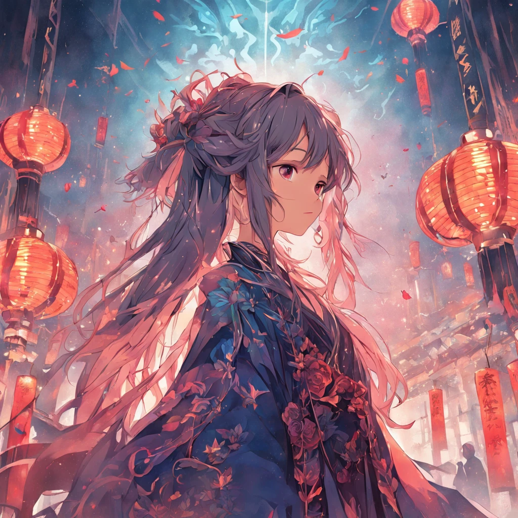 （full bodyesbian：1.5），(colorfull long hair)，(Chinese illustration:1.3，paper art:1.3, Quilted paper art:1.2),( reasonable design, Clear lines, High sharpness,Best quality, Very detailed, Masterpiece, movie light effect, 4K )，One shoulder，crosses，curate，Gothic style clothes，nigth