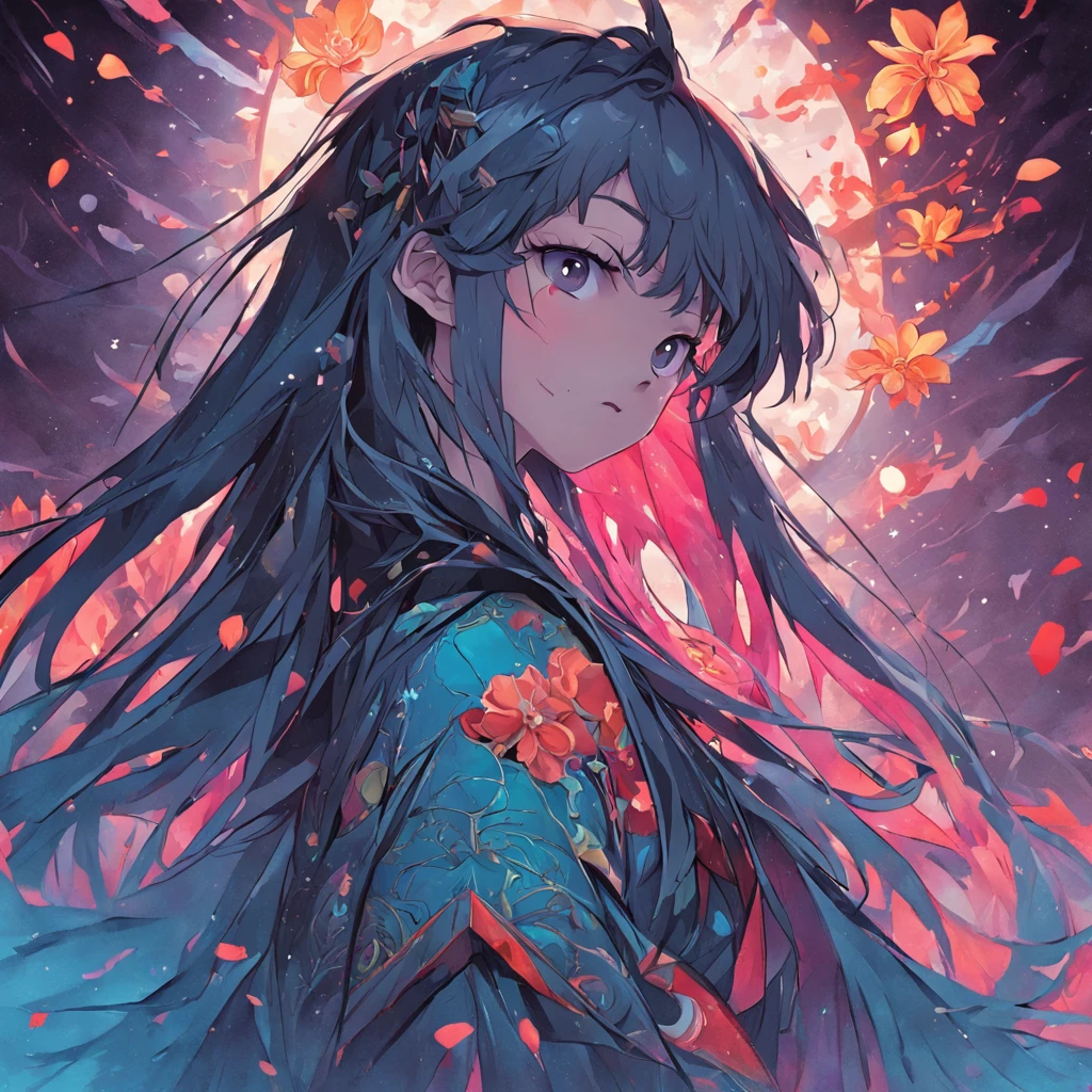 （full bodyesbian：1.5），(colorfull long hair)，(Chinese illustration:1.3，paper art:1.3, Quilted paper art:1.2),( reasonable design, Clear lines, High sharpness,Best quality, Very detailed, Masterpiece, movie light effect, 4K )，One shoulder，crosses，curate，Gothic style clothes，nigth