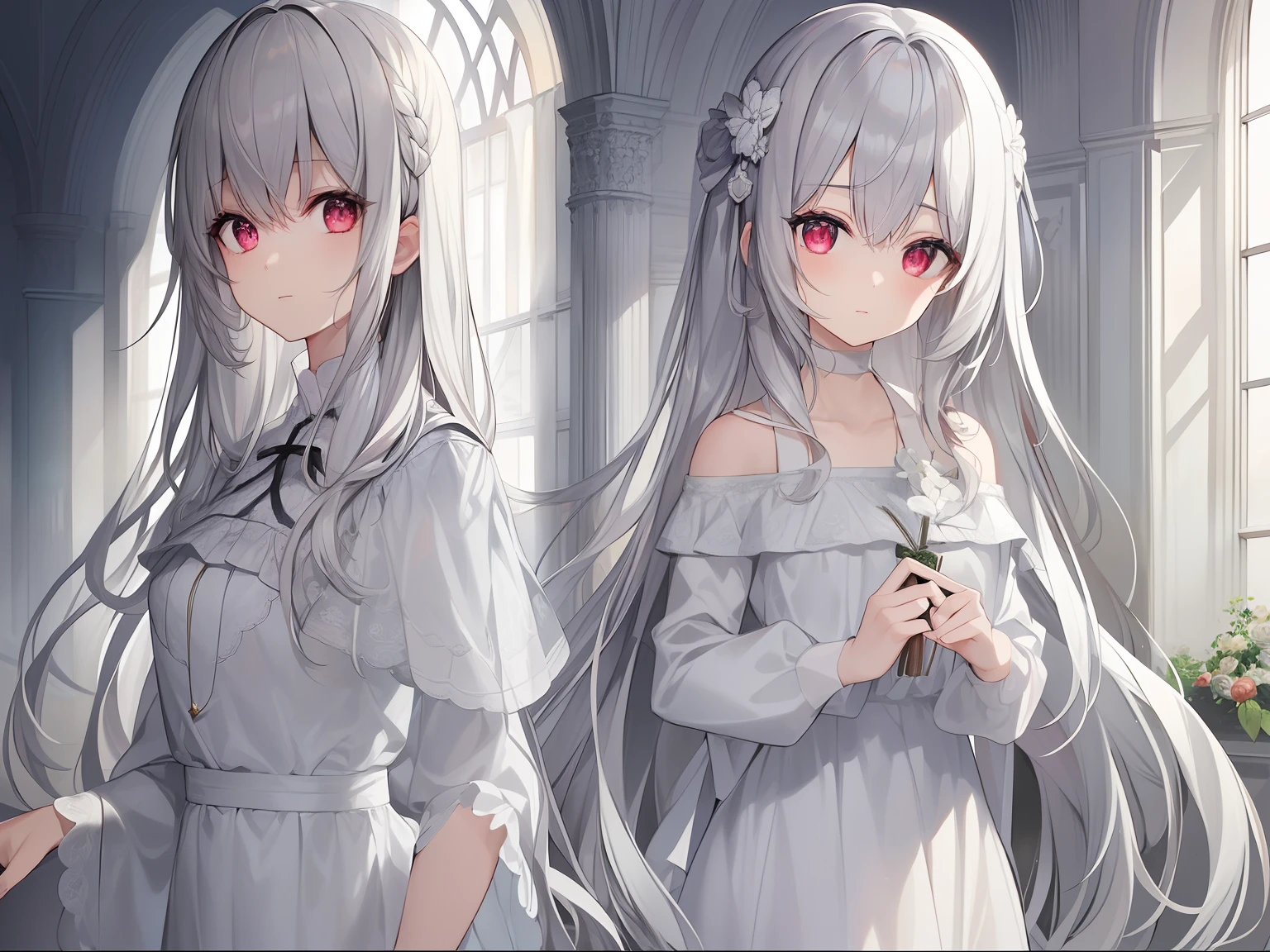 ((Masterpiece, Best quality))++, Detailed light+, Detail hair+, detail hand+ ,1girll, woman, Long hair, dark red eye, Beautiful eyes, Young gray hair,,(Beautiful white hair:1.5),(Beautiful detailed eyes), , high resolution+, Masterpiece, , Glass tones, Reflective eyes, {{Angle}} , extremelydetailedwallpaper, Original,full bodyesbian,Bedrooms,upper legs, Beth,starrysky,Issuing,,swim wears,,naturey