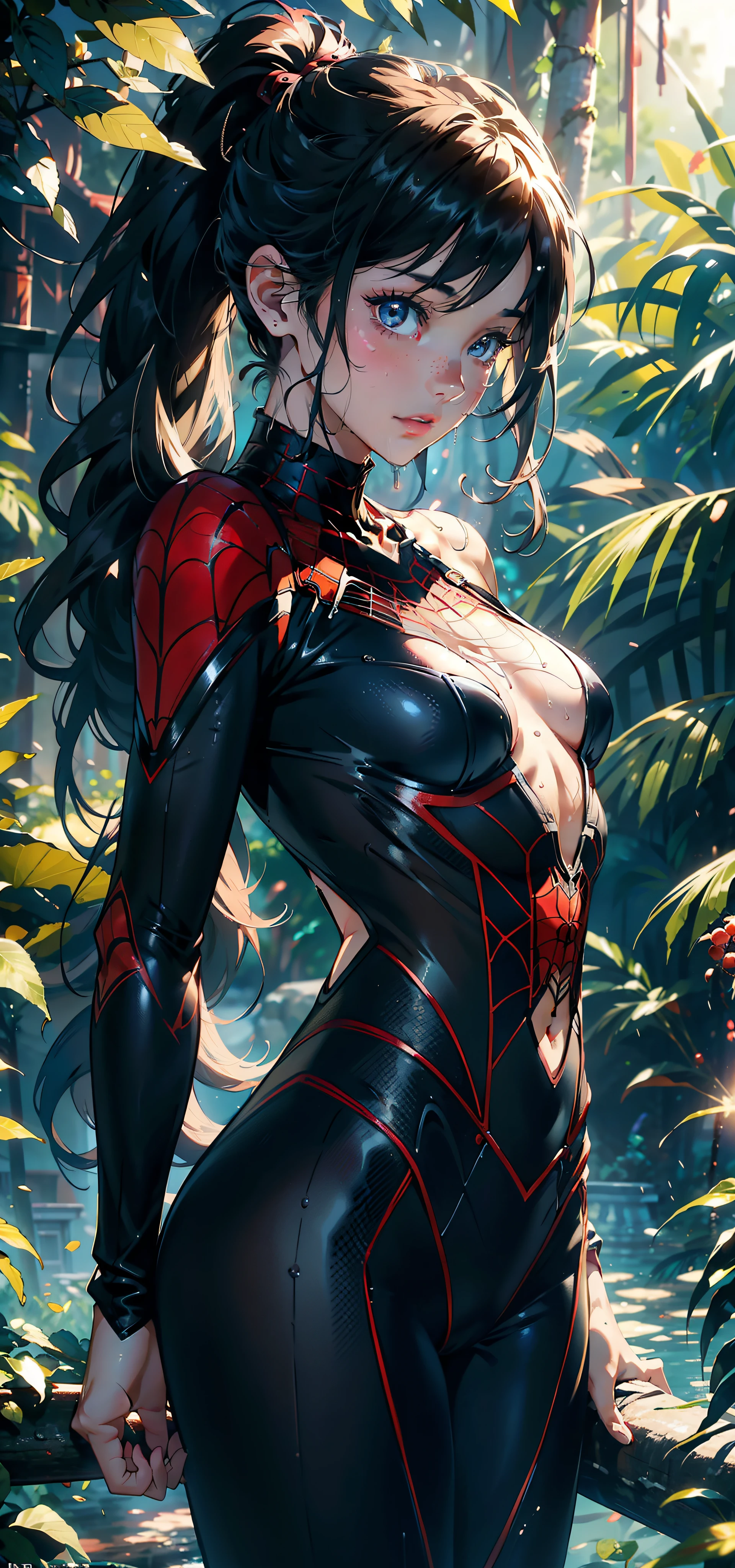 1female,,bit girl,smallunderboob ,nice hand,Pornographic exposure, 独奏,(Background with:ln the forest,the rainforest,in summer,Water on the ground,exteriors) ,Stride,Sweat profusely,drenched all over the body,seen from the front,blond straight hair , mostly cloudy sky,(((tmasterpiece),(Very detailed CG unity 8K wallpaper),best qualtiy,cinmatic lighting,detailed back ground,beatiful detailed eyes,Bright pupils,(Very fine and beautiful),(Beautiful and detailed eye description),ultra - detailed,tmasterpiece,)),face to the viewer,frontage,A high resolution,ultra - detailed)nakeness,Wipe off panties,revealing breasts,Bare genitalia, Bulge,Camel toes,Raised sexy,Lewd expression,Flushed complexion,Open-mouthed,frontage,pony tails,Spidey(Wearing:spiderman uniform)ssmile