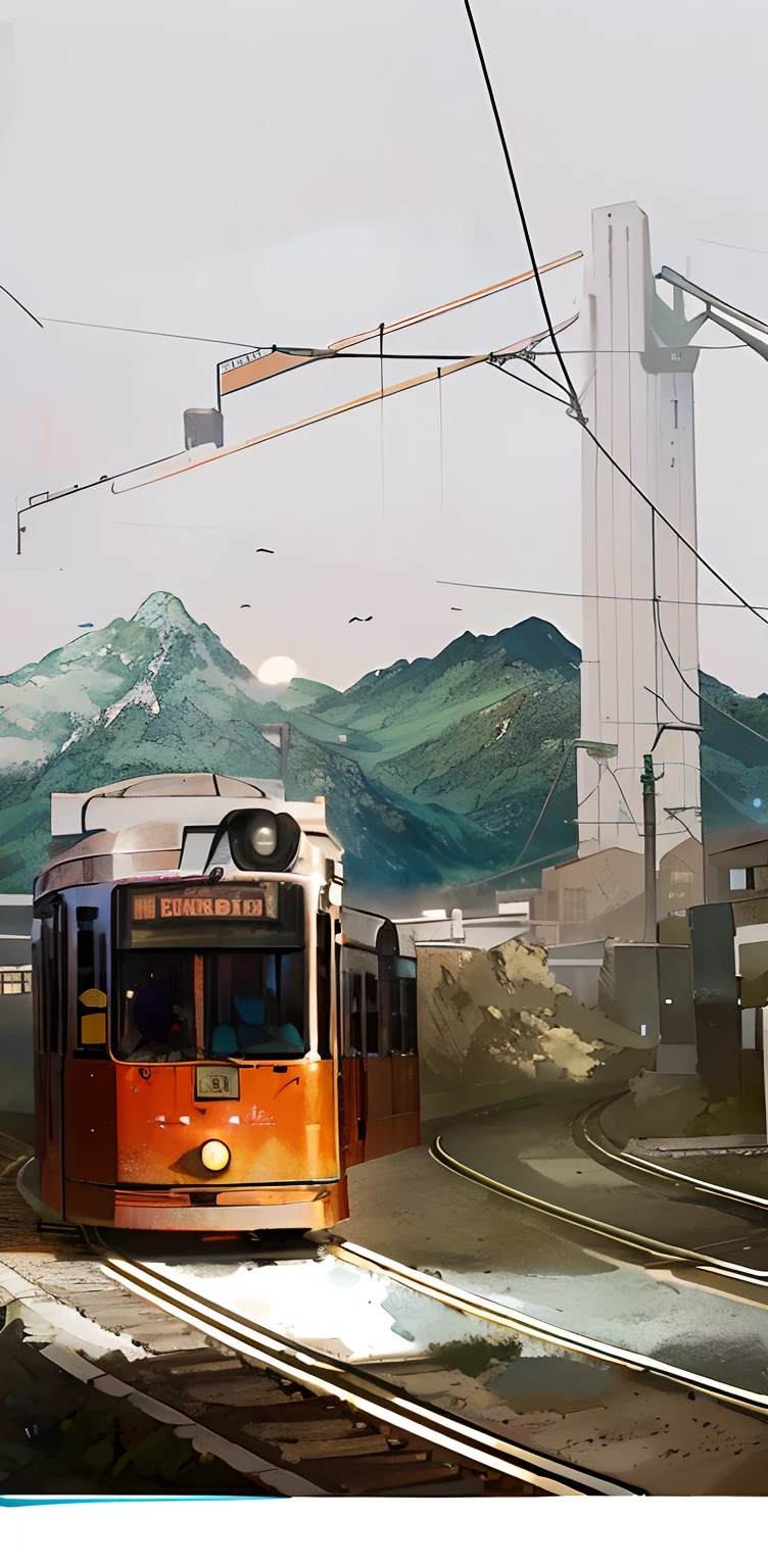 There is a tram running on the tracks, There is a bridge in the background，There is a mountain in the distance，HD works，sunlighting，Light，Inspired by Otto Meyer-Armden,  Illustration matte painting, mattepainting, digital painting of zurich, City tram