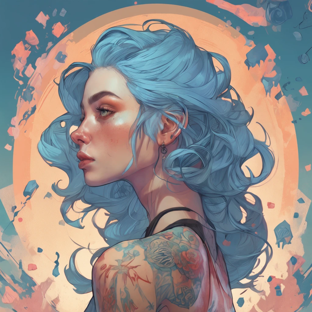 Ultra-high definition 2D art, close-up (1 woman), light blue hair, 2D animation style, soft and delicate depiction, attention also on her full-body tattoos (full-body art), landscape mode, masterpieces by Guweiz and James Jean, tattoo expert designs by CGSCOSITY, etc. A beautiful blue-haired girl who became a hot topic at the trend art station of Japan.