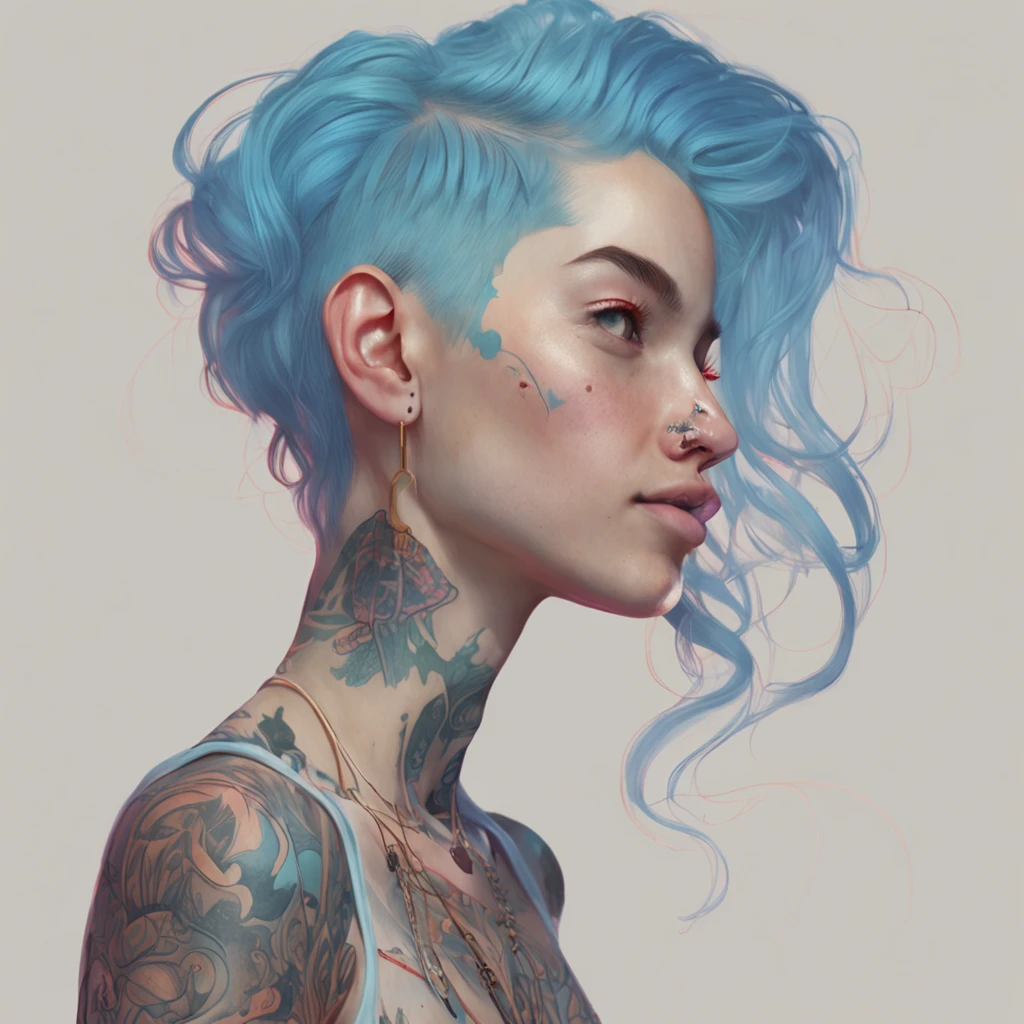 Ultra-high definition 2D art, close-up (1 woman), light blue hair, 2D animation style, soft and delicate depiction, attention also on her full-body tattoos (full-body art), landscape mode, masterpieces by Guweiz and James Jean, tattoo expert designs by CGSCOSITY, etc. A beautiful blue-haired girl who became a hot topic at the trend art station of Japan.