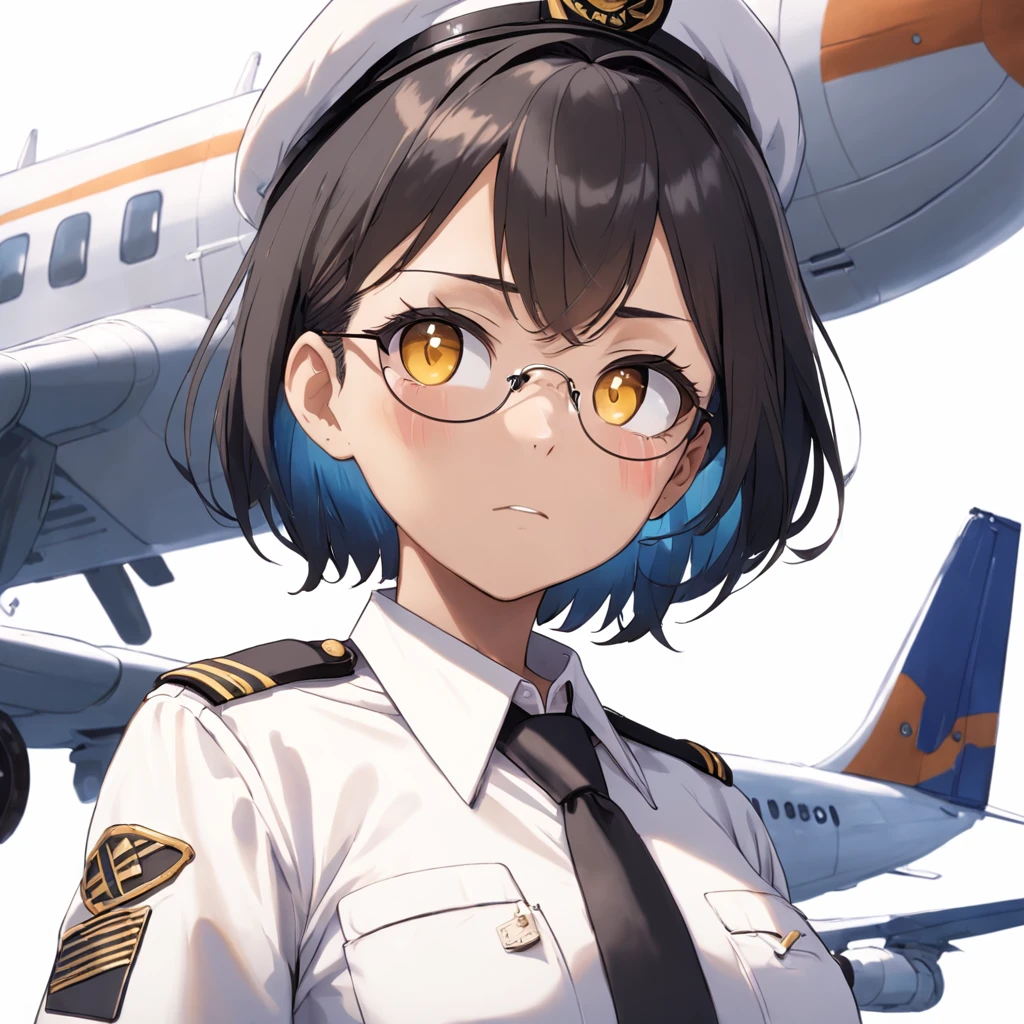1girl, short black bob hair, yellow eyes, Round glasses, brown skin, petite body, wearing plain white formal work shirt, wearing long black pants, business tie, absurdres, high res, ultrasharp, 8k, masterpiece, looking at viewer, cat ears, airline pilot uniform, airline pilot hat, white background, short sleeve, bangs, flat chest, whiskers, androgynous,