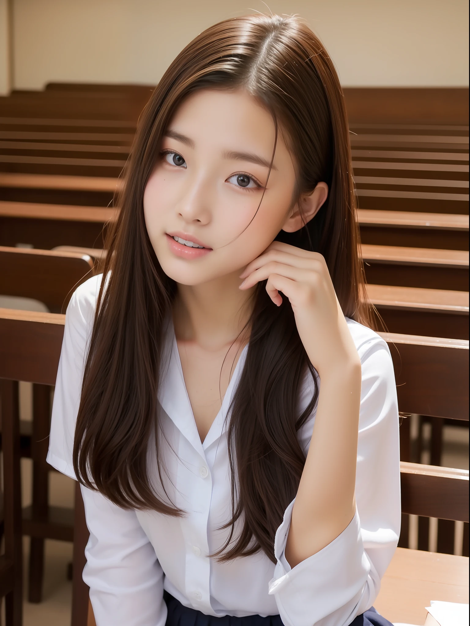 Beautuful Women、age19 、Half body shot、80mm、student clothes、‎Classroom、NSFW