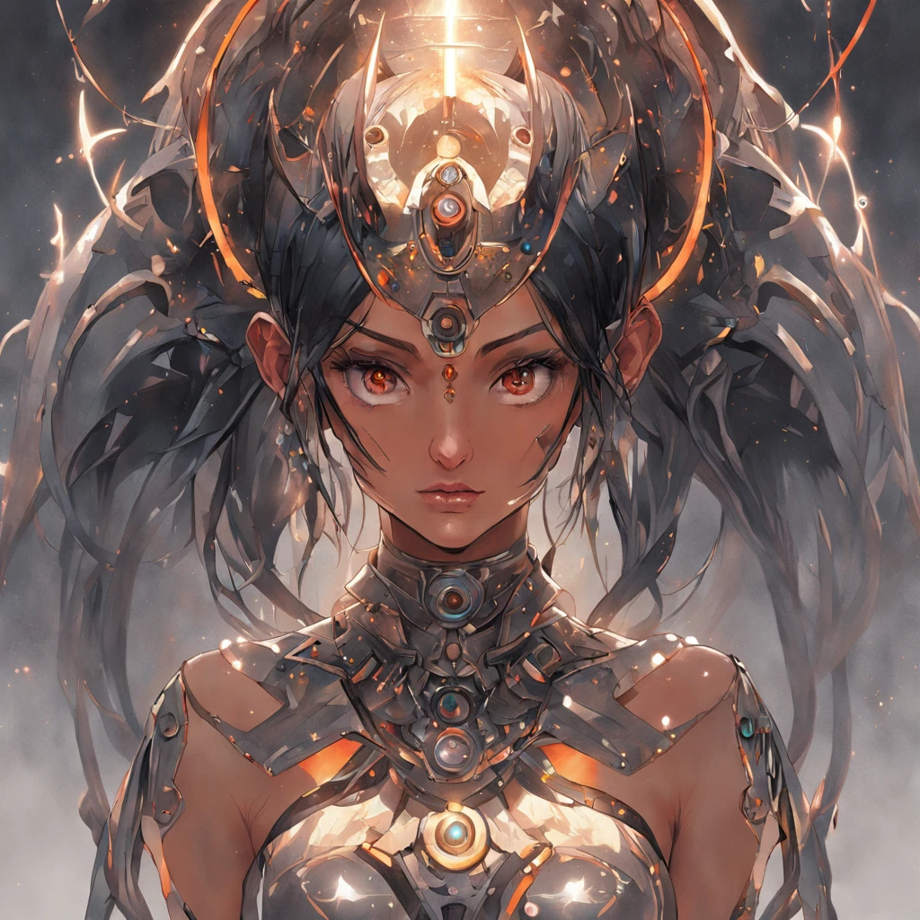 Futuristic native futurism,Actress Priyanka Chopra plays the high-level cybernetic cyborg, the Hindu goddess of war, sensuality,Artistic details,Cyberpunk Hindu mythology,Epic science fiction fantasy, Centered,In the style of Nick Alm's fantasy futuristic fantasy works, Dark prism, Dark, Metal composition, symmetrical arrangements, Cybernetic ethereal iridescent metallic color , distinctive noses, Ethereal,Blood splattered multicolored, eye-catching metallic compositions, Symmetrical geometry, distinctive noses, gothic references, With bold lines and black stripes,White,Red, Gold and silver, Fantasy science fiction art, a detailed painting, ,Alex Alemanni merges with Carol Barker