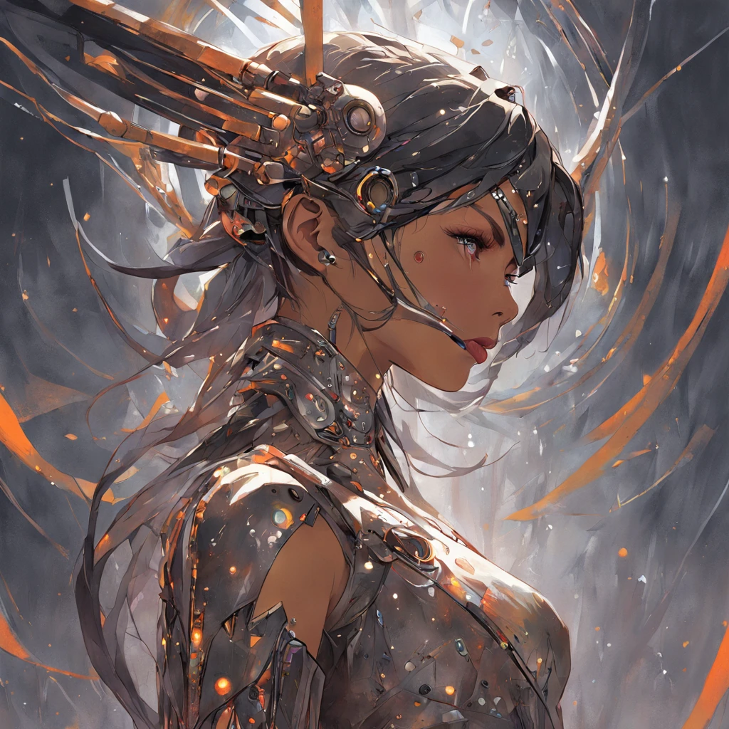 Futuristic native futurism,Actress Priyanka Chopra plays the high-level cybernetic cyborg, the Hindu goddess of war, sensuality,Artistic details,Cyberpunk Hindu mythology,Epic science fiction fantasy, Centered,In the style of Nick Alm's fantasy futuristic fantasy works, Dark prism, Dark, Metal composition, symmetrical arrangements, Cybernetic ethereal iridescent metallic color , distinctive noses, Ethereal,Blood splattered multicolored, eye-catching metallic compositions, Symmetrical geometry, distinctive noses, gothic references, With bold lines and black stripes,White,Red, Gold and silver, Fantasy science fiction art, a detailed painting, ,Alex Alemanni merges with Carol Barker