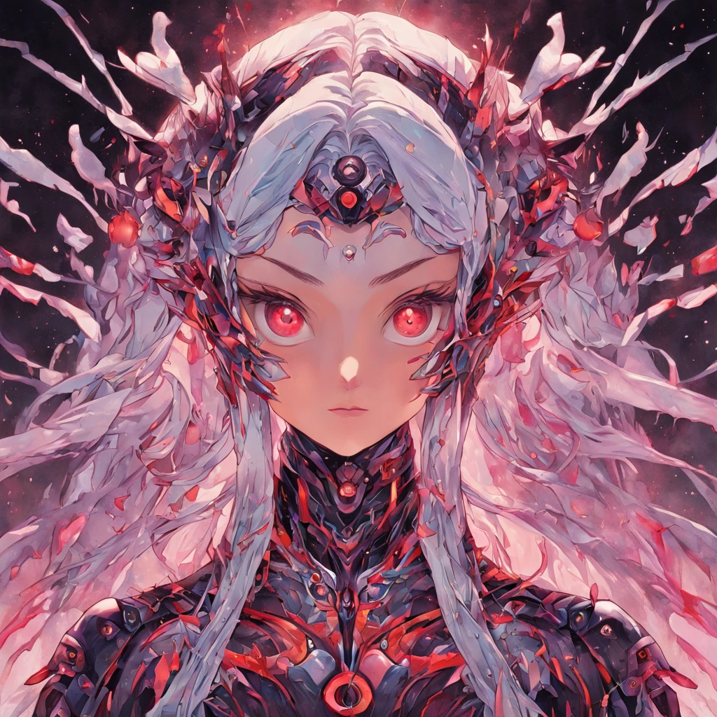 （full bodyesbian：1.5），(colorfull long hair)，(Chinese illustration:1.3，paper art:1.3, Quilted paper art:1.2),( reasonable design, Clear lines, High sharpness,Best quality, Very detailed, Masterpiece, movie light effect, 4K )，One shoulder，crosses，curate，Gothic style clothes，nigth，Futuristic native futurism,Actress Priyanka Chopra plays the high-level cybernetic cyborg, the Hindu goddess of war, sensuality,Artistic details,Cyberpunk Hindu mythology,Epic science fiction fantasy, Centered,In the style of Nick Alm's fantasy futuristic fantasy works, Dark prism, Dark, Metal composition, symmetrical arrangements, Cybernetic ethereal iridescent metallic color , distinctive noses, Ethereal,Blood splattered multicolored, eye-catching metallic compositions, Symmetrical geometry, distinctive noses, gothic references, With bold lines and black stripes,White,Red, Gold and silver, Fantasy science fiction art, a detailed painting, ,Alex Alemanni merges with Carol Barker