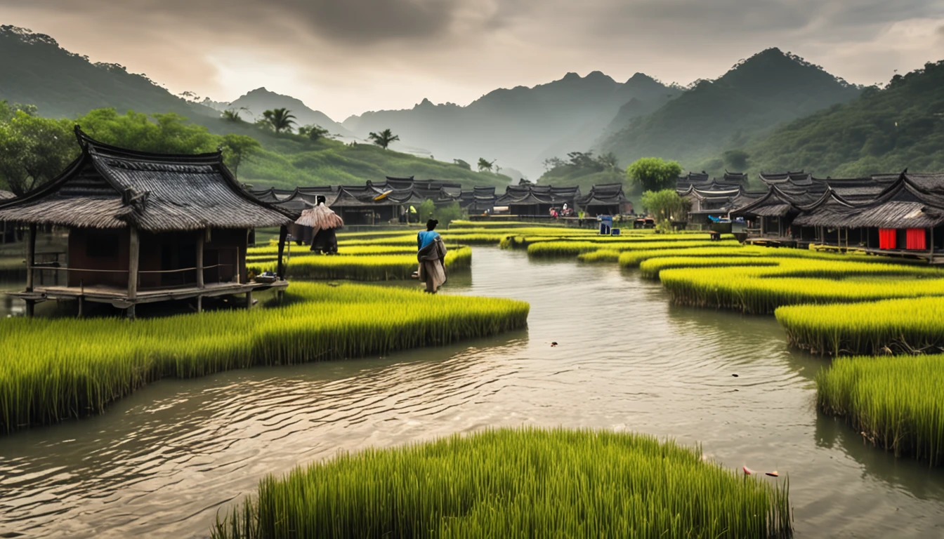 Peaceful and pleasant、mountains surrounding、Clear sea、Chinese village with fertile rural land,Farmers in traditional agricultural clothing,A busy scene of working in the fields、Clear creek,A dense bamboo forest,Tall and tall bamboo,The sound of swaying in the wind,Background bokeh,The depth of field is full。HDR high dynamic range technology,Make the picture more realistic,Attention to detail(8K,best qualtiy,tmasterpiece:1.2)
