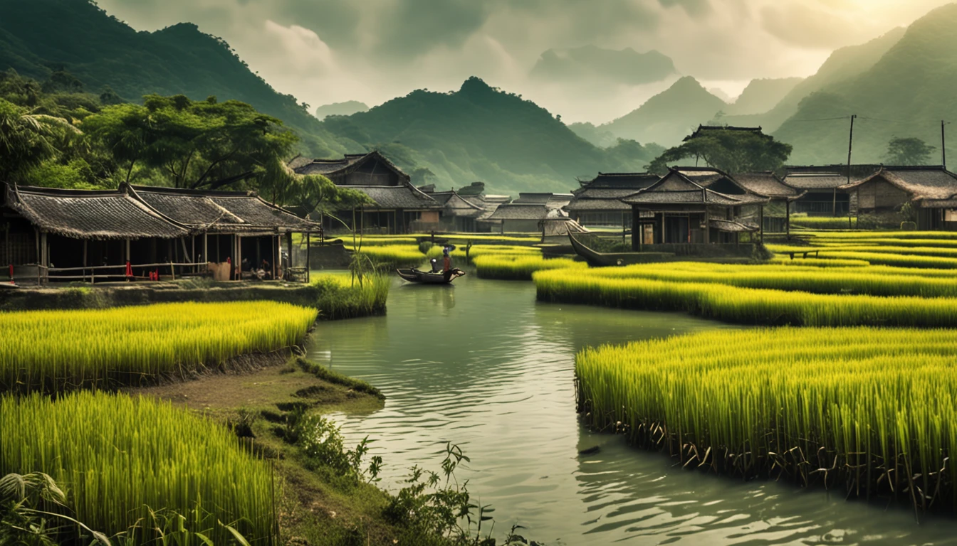 Peaceful and pleasant、mountains surrounding、Clear sea、Chinese village with fertile rural land,Farmers in traditional agricultural clothing,A busy scene of working in the fields、Clear creek,A dense bamboo forest,Tall and tall bamboo,The sound of swaying in the wind,Background bokeh,The depth of field is full。HDR high dynamic range technology,Make the picture more realistic,Attention to detail(8K,best qualtiy,tmasterpiece:1.2)