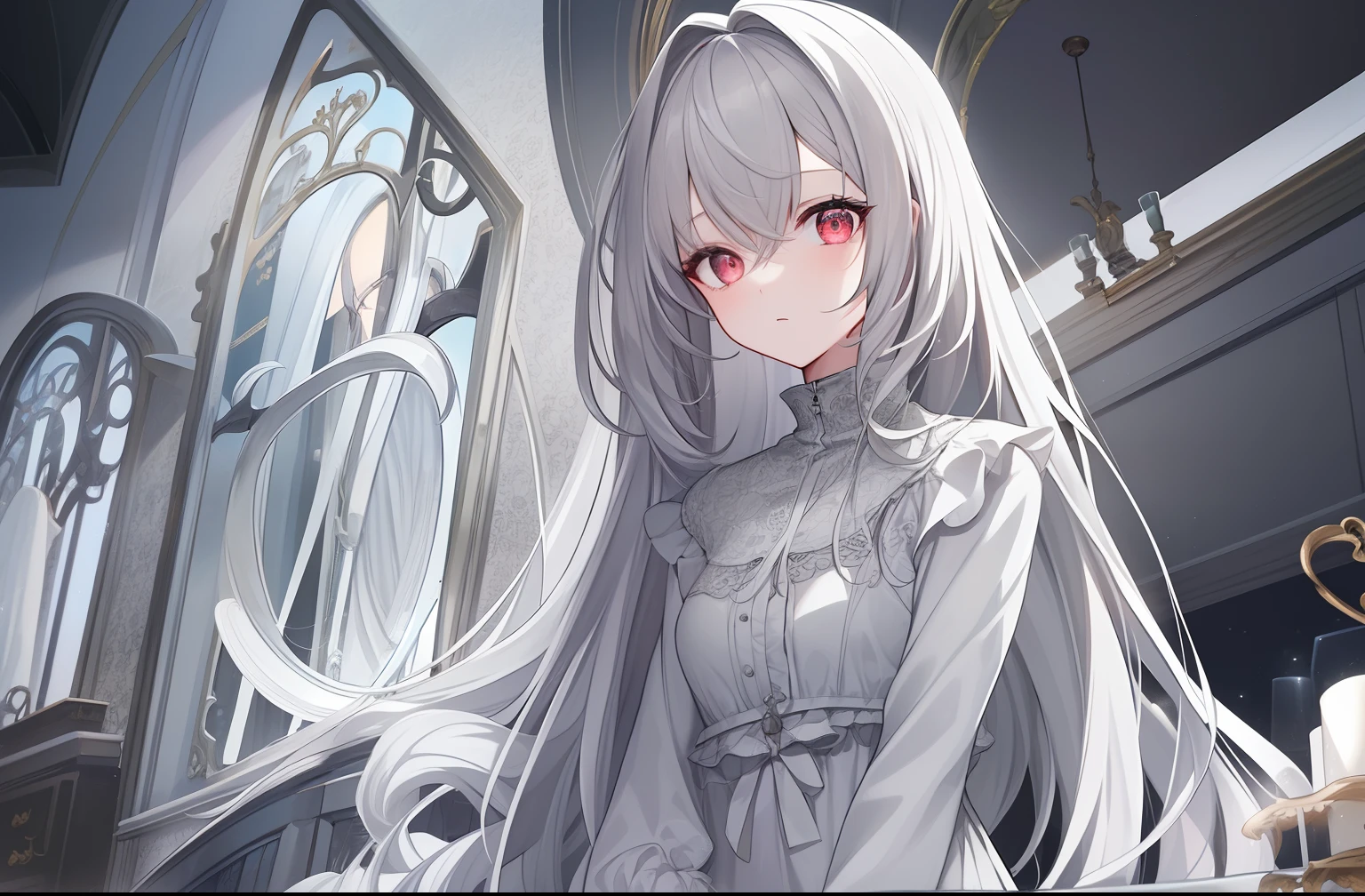 ((Masterpiece, Best quality))++, Detailed light+, Detail hair+, detail hand+ ,1girll, woman, Long hair, dark red eye, Beautiful eyes, Young gray hair,,(Beautiful white hair:1.5),(Beautiful detailed eyes), , high resolution+, Masterpiece, , Glass tones, Reflective eyes, {{Angle}} , extremelydetailedwallpaper, Original,full bodyesbian,Bedrooms,upper legs, Beth,starrysky,Issuing,,swim wears,,naturey